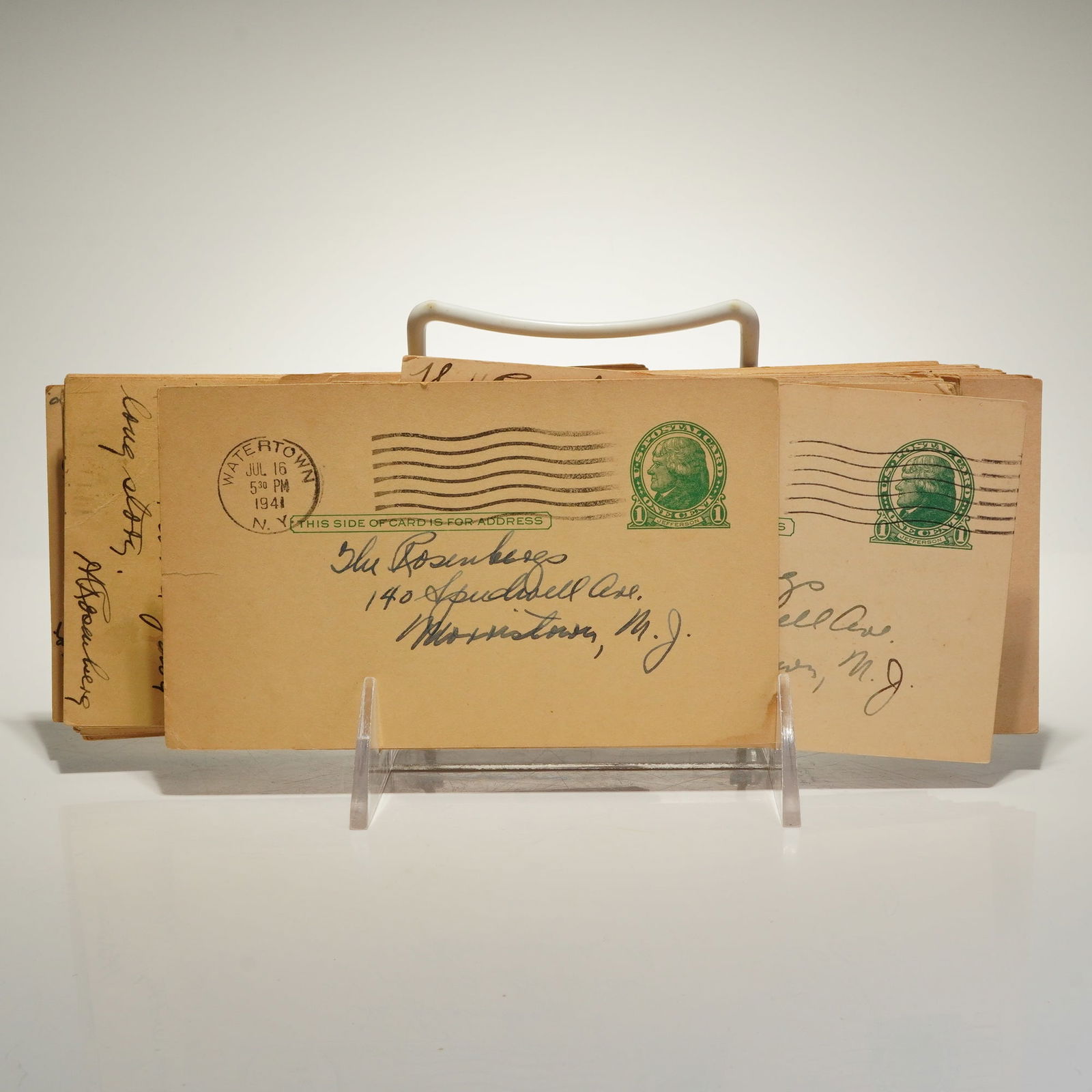 Collection of 120 WWII Era Soldier to Family 1940s Postal Cards: A collection of approximately 120 mid-20th-century American postal cards featuring personal correspondence dating to the 1940s. The cards are constructed of standard buff-colored cardstock and feature