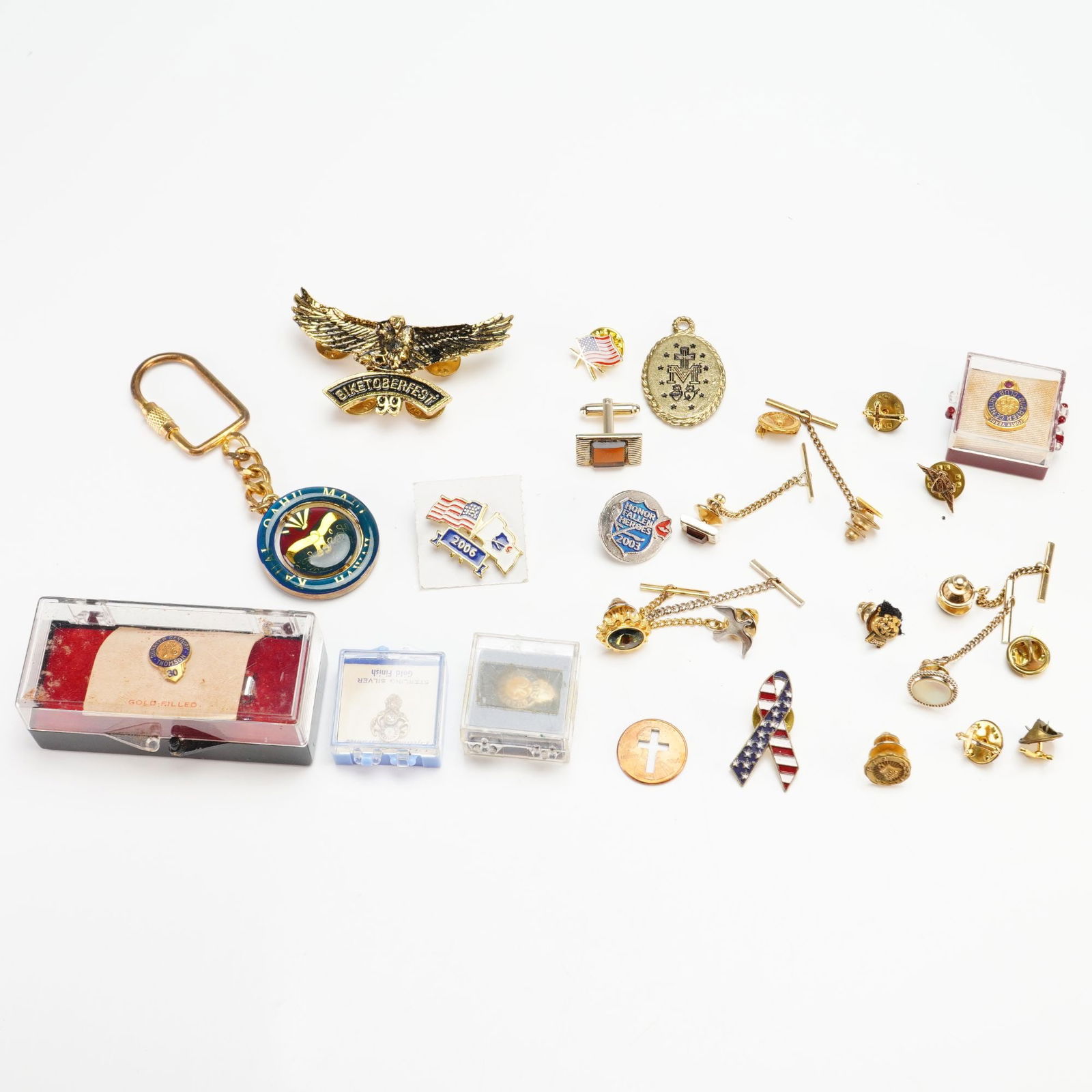 Military, Police, and Faith Assortment, Gold Toned Pins and Keychains, 1970-2006 (1 of 5)