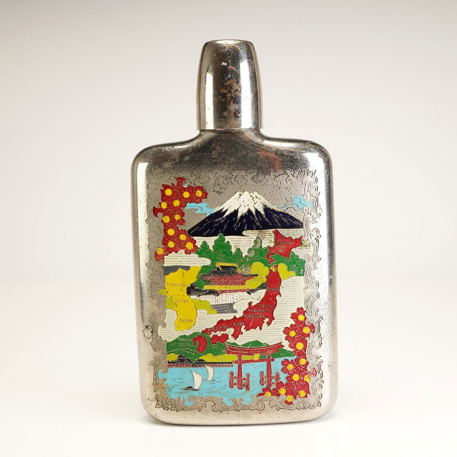 Unmarked Korean War Era Souvenir Hip Flask, Silver-tone Metal, c. 1950-1953 (1 of 3)