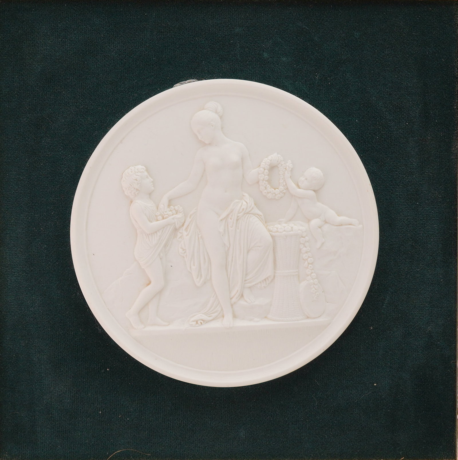 B&G Bisque Plaque, Spring, Framed: Identified as 'Spring' from the 'Four Seasons' series, based on the Neoclassical designs of Bertel Thorvaldsen. The circular white bisque plaque features a detailed bas-relief depicting a central part