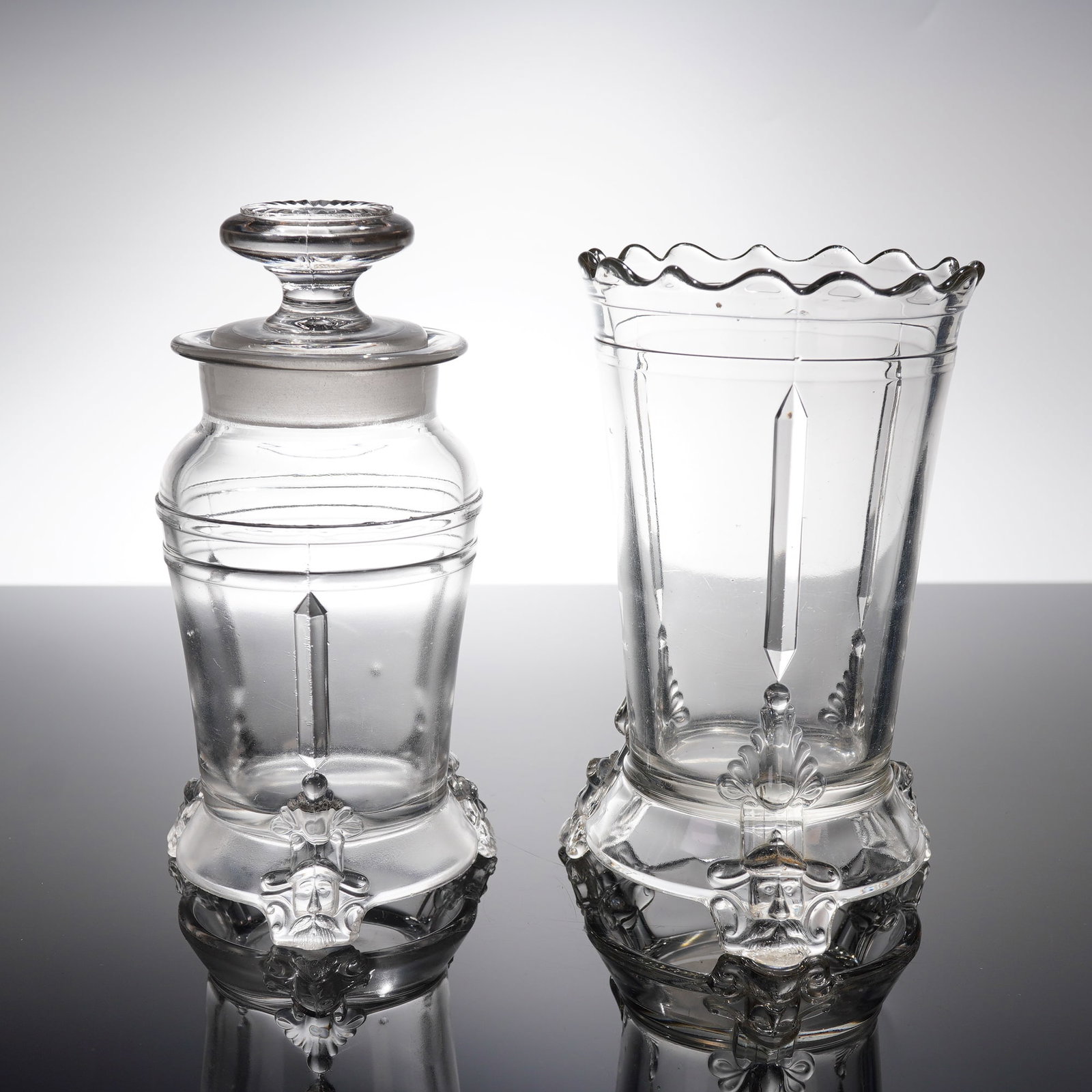 2 Brockunier & Co. EAPG Vase & Lidded Jar: This lot comprises a pair of Early American Pressed Glass vessels in the Viking pattern (Hobbs, Brockunier & Co. No. 76 OMN), attributed to Brockunier & Company and dating to the late 19th century.