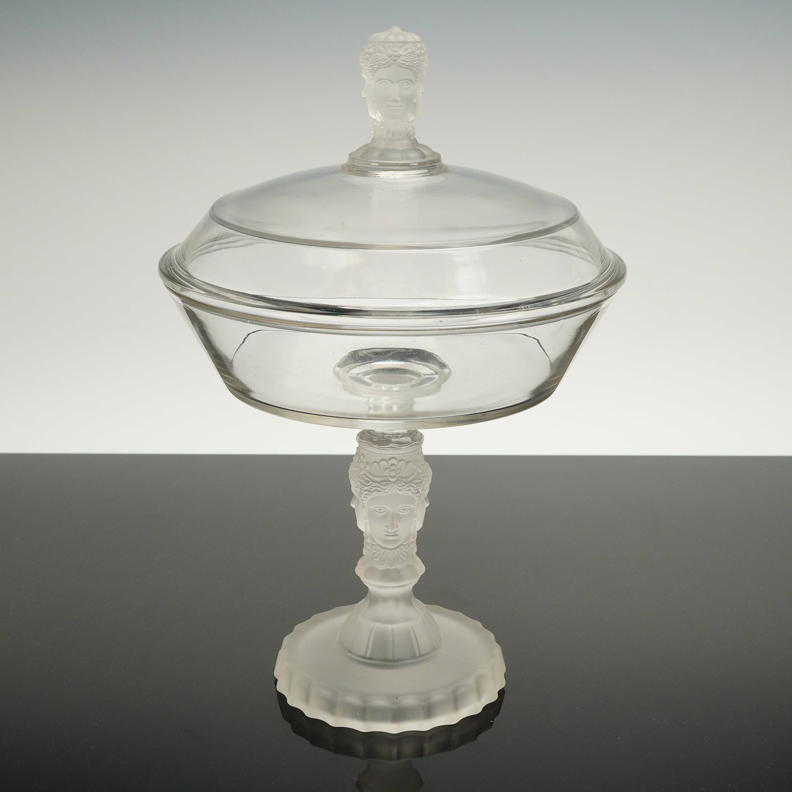 Duncan and Miller Pressed Glass Three Faces Covered Compote (1 of 4)