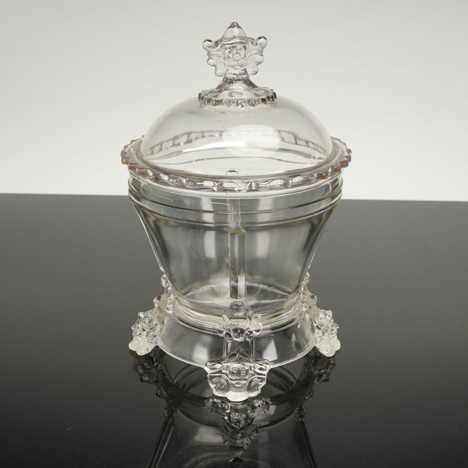 Hobbs, Brockunier & Company Viking Pattern Covered Footed Compote: A covered footed compote identified as the Viking Pattern, produced by Hobbs, Brockunier & Company, consistent with Early American Pattern Glass (EAPG) manufacture. The vessel is executed in clear