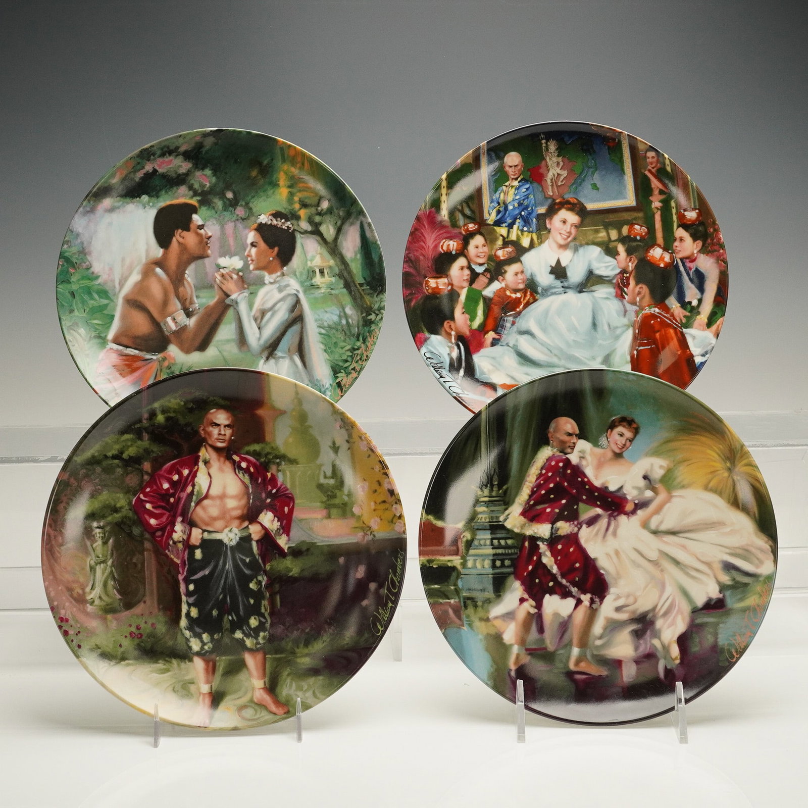4pc Edwin M. Knowles King and I Plates by William Chambers: A 4-piece set of collectible fine china plates from the King and I series, each painted by artist William Chambers and released by Edwin M. Knowles in 1985. These 8.5" plates commemorate the