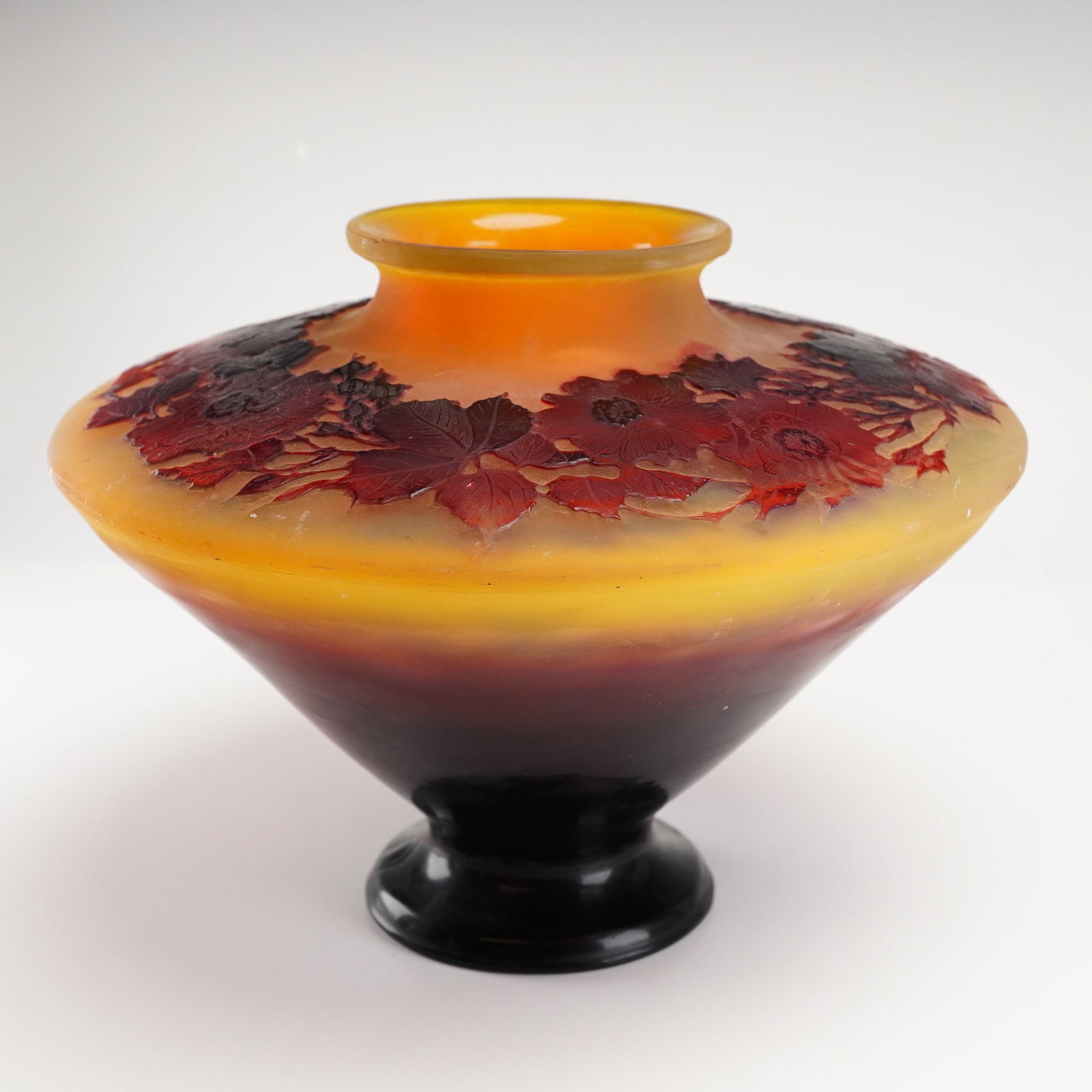 Emile Galle France Art Nouveau Cameo Glass Vase: This Art Nouveau cameo glass vase was created by the celebrated French designer Emile Galle in Nancy, France. The vessel is characterized by a compressed, wide-shouldered obconical form that tapers