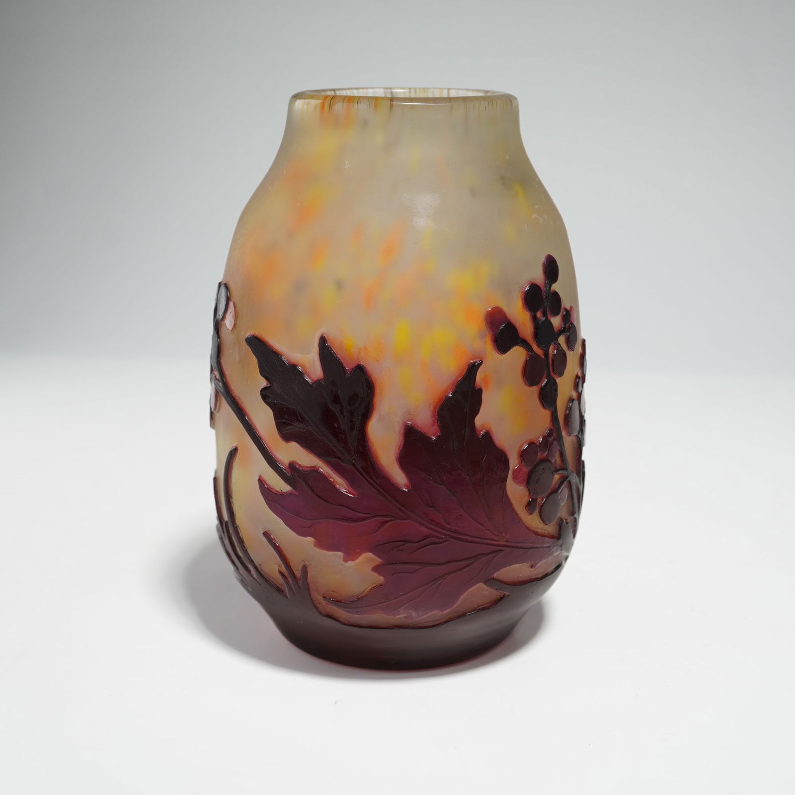 Daum Nancy Art Nouveau Cameo Glass Botanical Vase w/ Signature: This Daum France decorative Art Nouveau vase is a premier example of the glass-working mastery from the Daum Freres workshop in Nancy, France. The vessel is crafted from multi-layered cameo glass