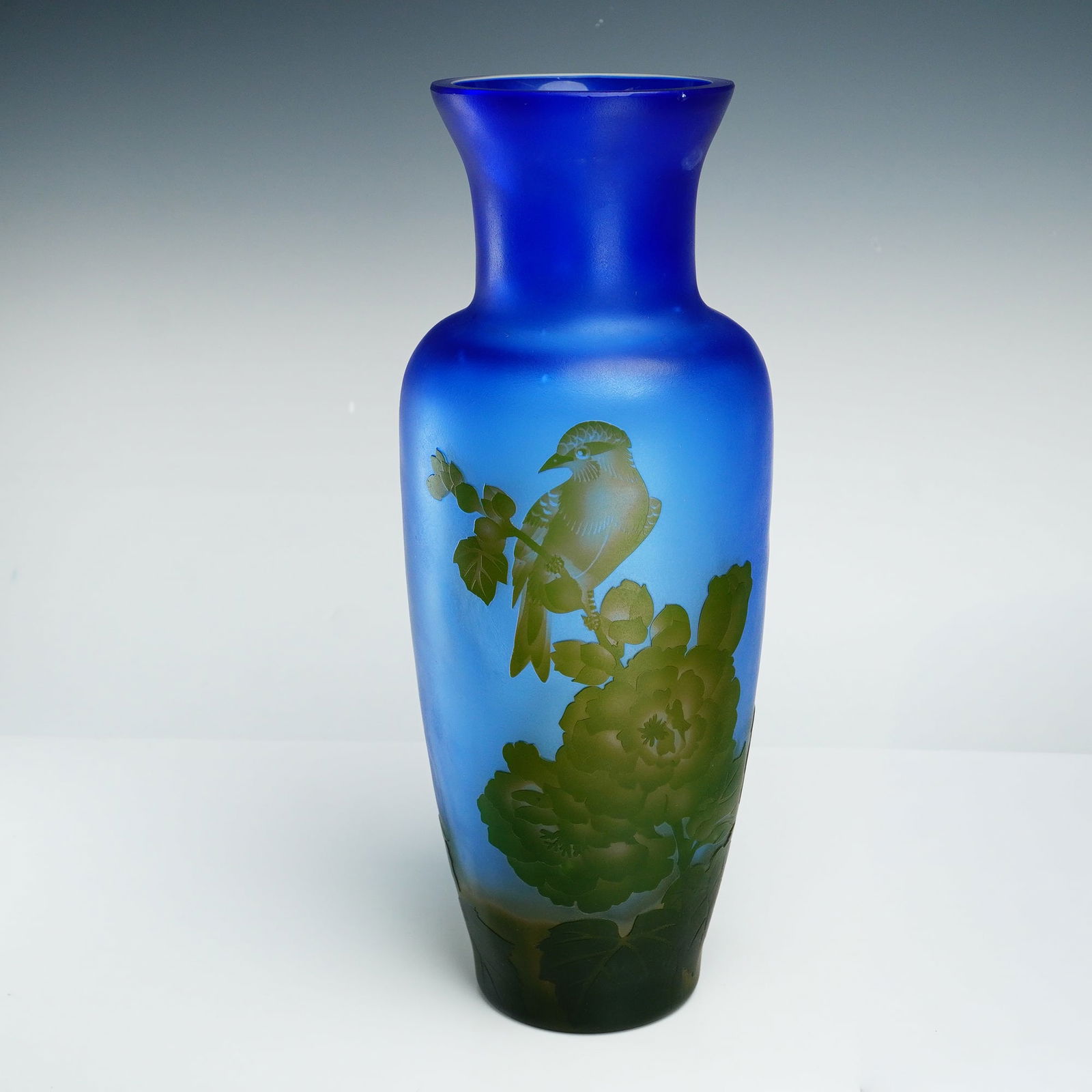 Art Nouveau Frosted Blue Cameo Glass Vase w/ Bird Decoration (1 of 3)