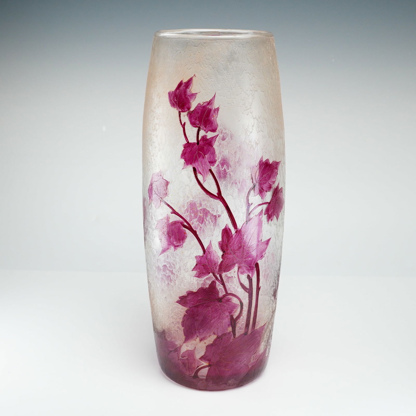 Francois-Theodore Legras French Art Nouveau Rubis Series Cameo Glass Vase: This elegant Art Nouveau cameo glass vase is a distinguished example from the Rubis series by the celebrated French glassmaker Francois-Theodore Legras. The tall, cylindrical vessel is crafted from