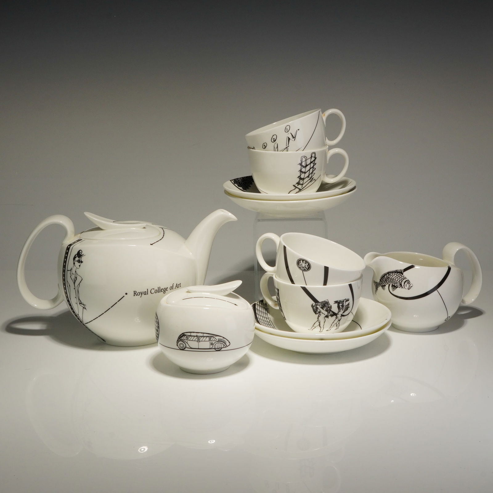7pc Wedgwood Kensington Anniversary Tea Set Designed by William Edwards: This Wedgwood bone china tea service is from the Kensington Anniversary collection, designed by William Edwards to commemorate the 150th anniversary of the Royal College of Art. The service comprises