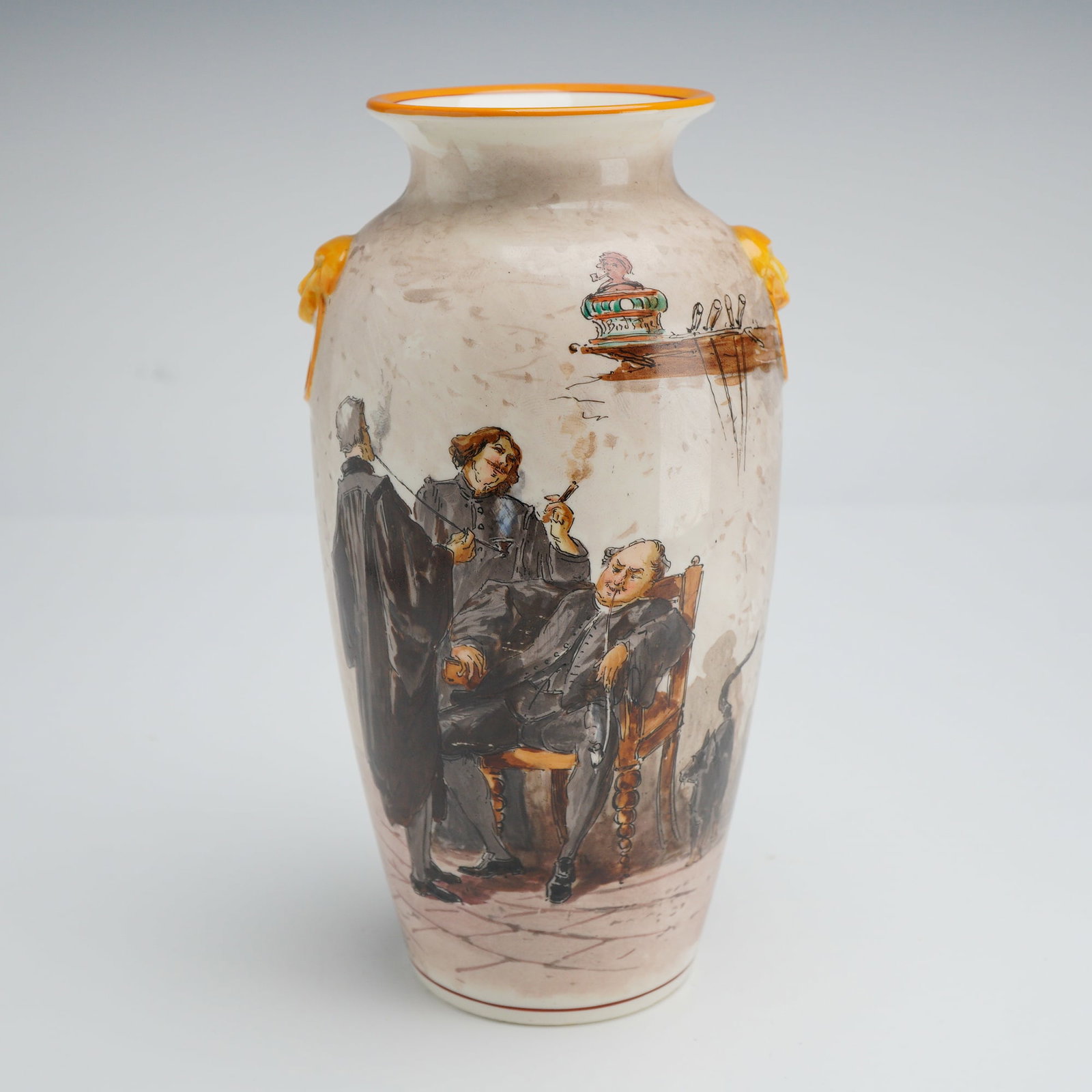 Wedgwood Hand-Painted Ceramic Vase Signed Edouard Rischgitz: A Wedgwood hand-painted ceramic vase of ovoid form, signed by Swiss artist Edouard Rischgitz (1828-1909). The vessel features two molded yellow lion-mask handles and an orange-banded rim over a cream-