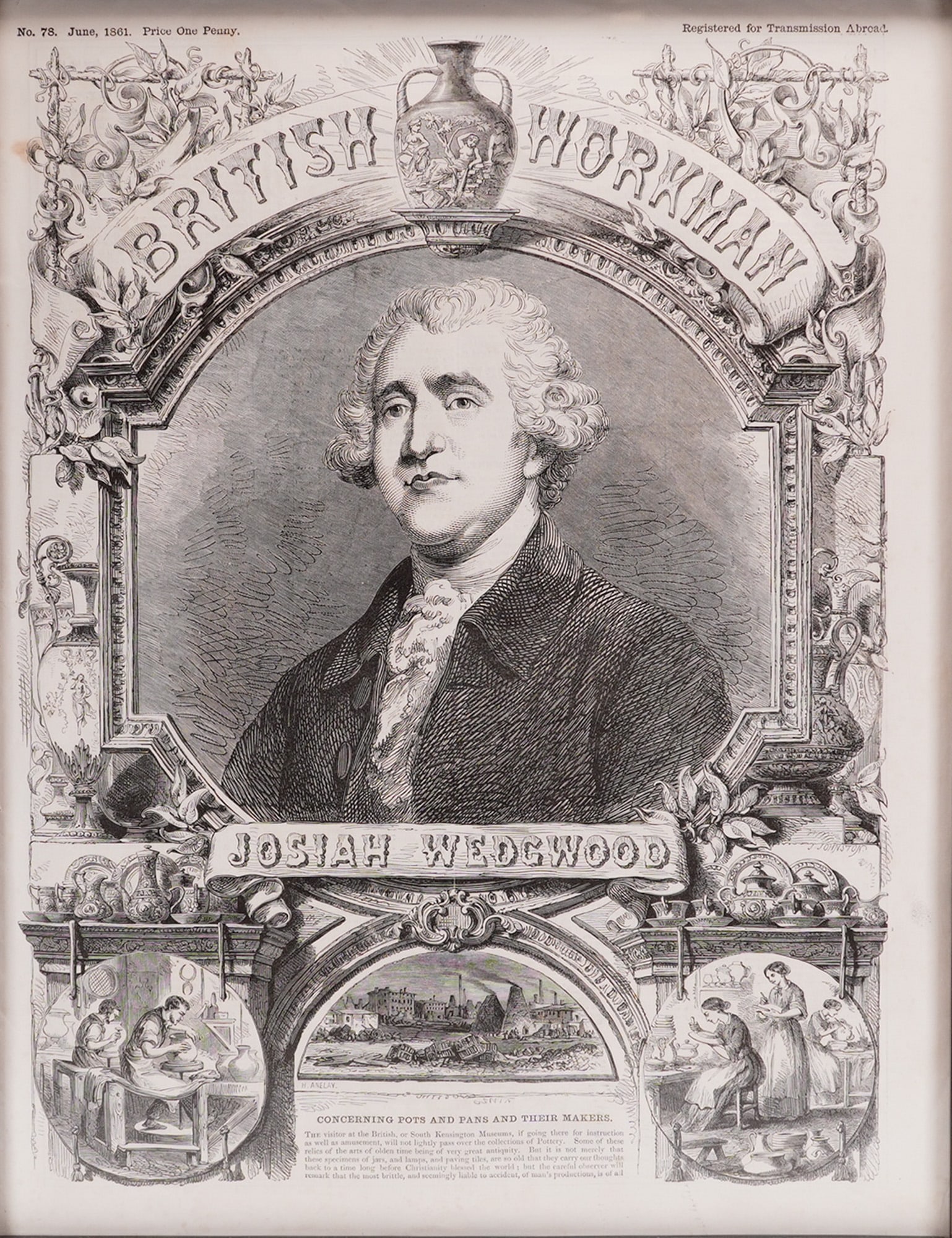 After Sir Joshua Reynolds Josiah Wedgwood Wood Engraving 1861: After Sir Joshua Reynolds. This wood engraving, titled Josiah Wedgwood, was produced as the cover for the June 1861 issue (No. 78) of the Victorian periodical The British Workman. The subject is a bus
