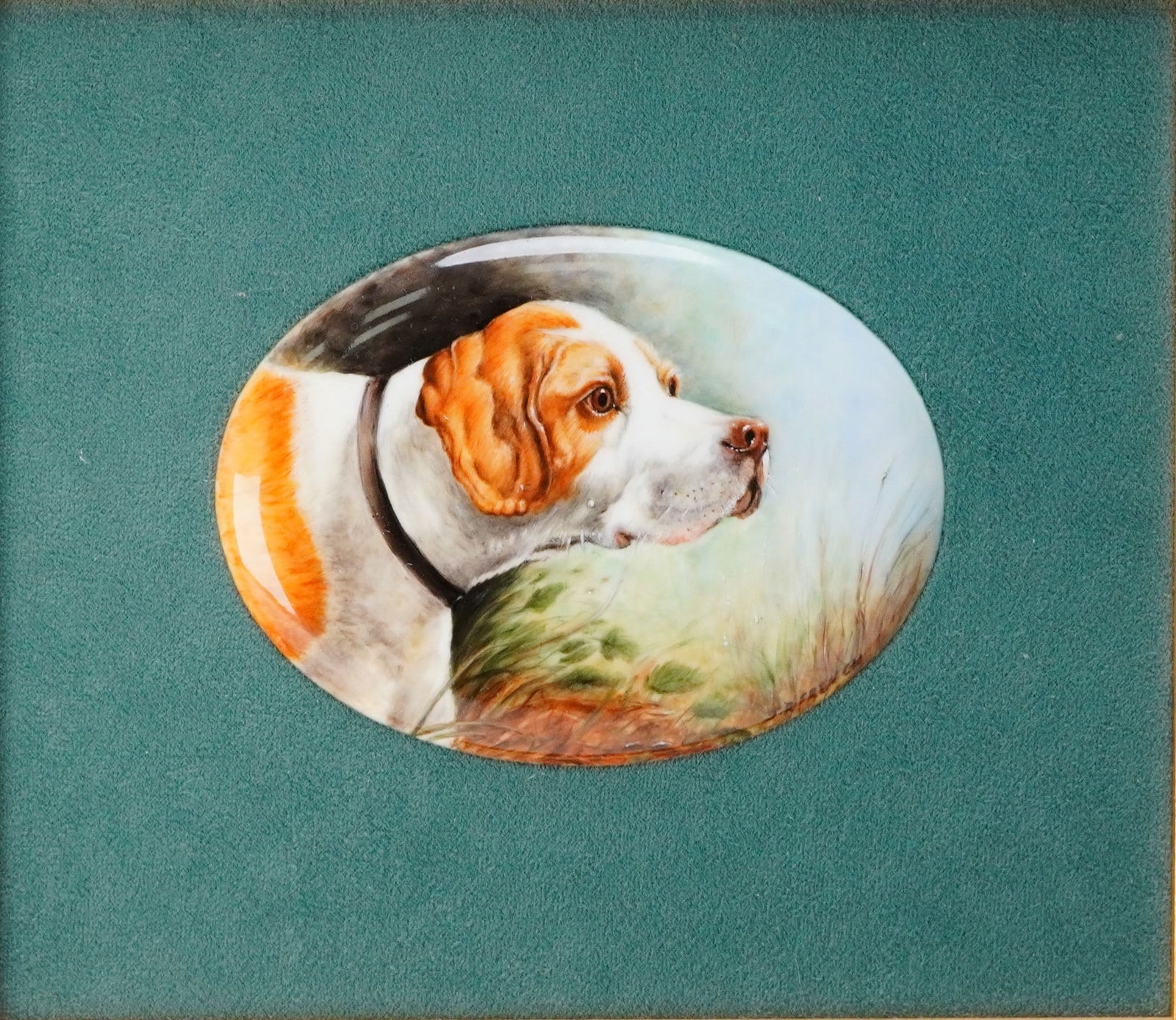 J.R. French Painted Plaque After George Earl The Famous Pointer Hamlet: After George Earl (1824-1908), circa 1865 oil painting. This oval painting, executed by J.R. French, depicts the head of a white and brown sporting dog in profile, wearing a dark collar, set against a