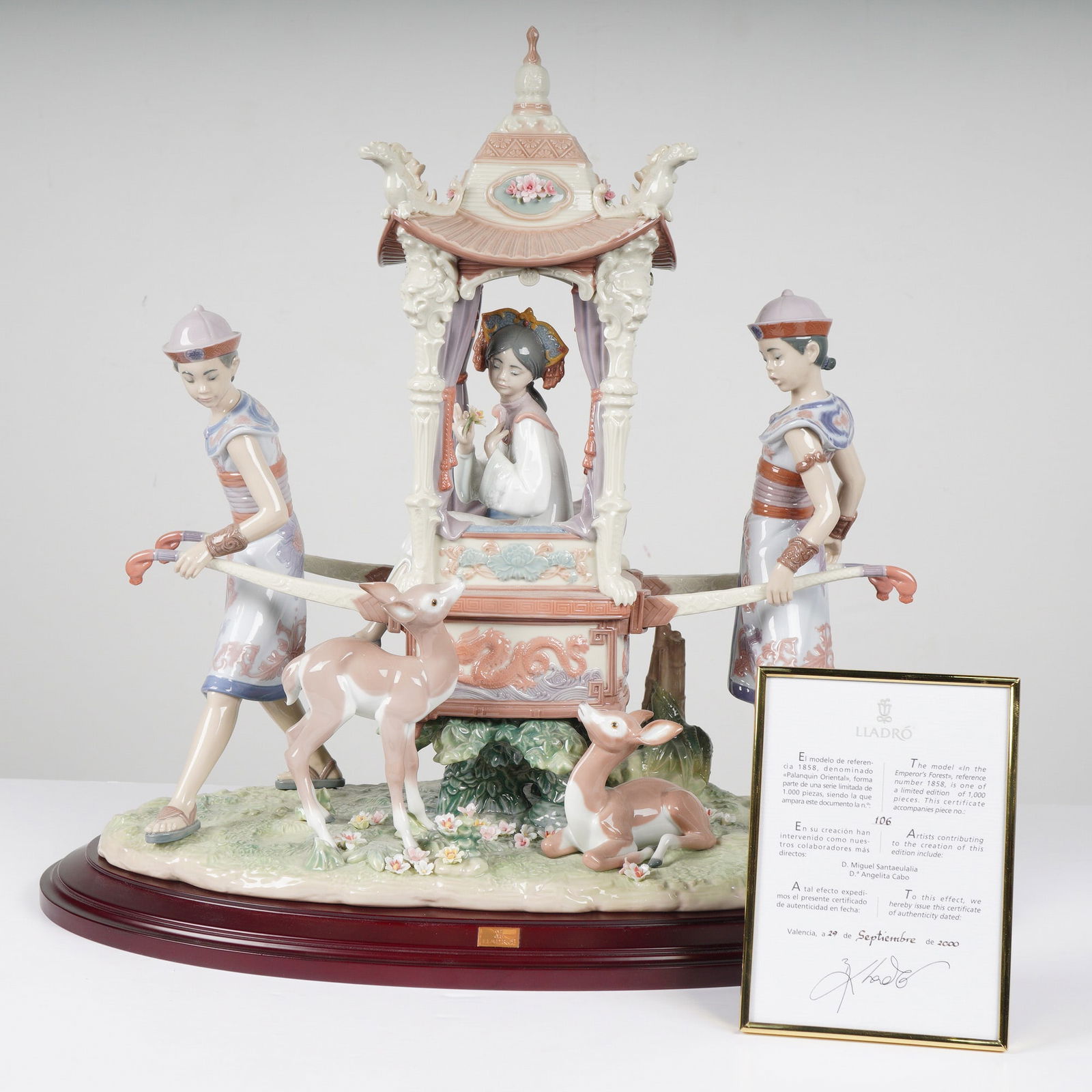 Lladro Porcelain Sculpture In the Emperor's Forest 1001858: A monumental Lladro porcelain figurine titled In the Emperor's Forest, model number 1001858. This intricate work, also known by the Spanish title Palanquín Oriental, was sculpted by Miguel