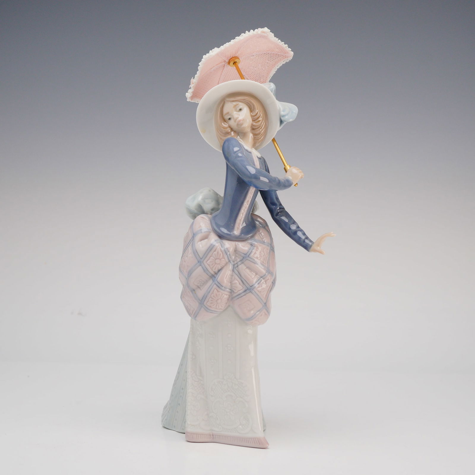 Lladro Afternoon Stroll (Model #5687): A fine Lladro glazed porcelain figurine titled Afternoon Stroll, model number 5687, designed by sculptor Jose Puche. This elegant piece depicts a young woman in Belle Époque-style attire, featuring