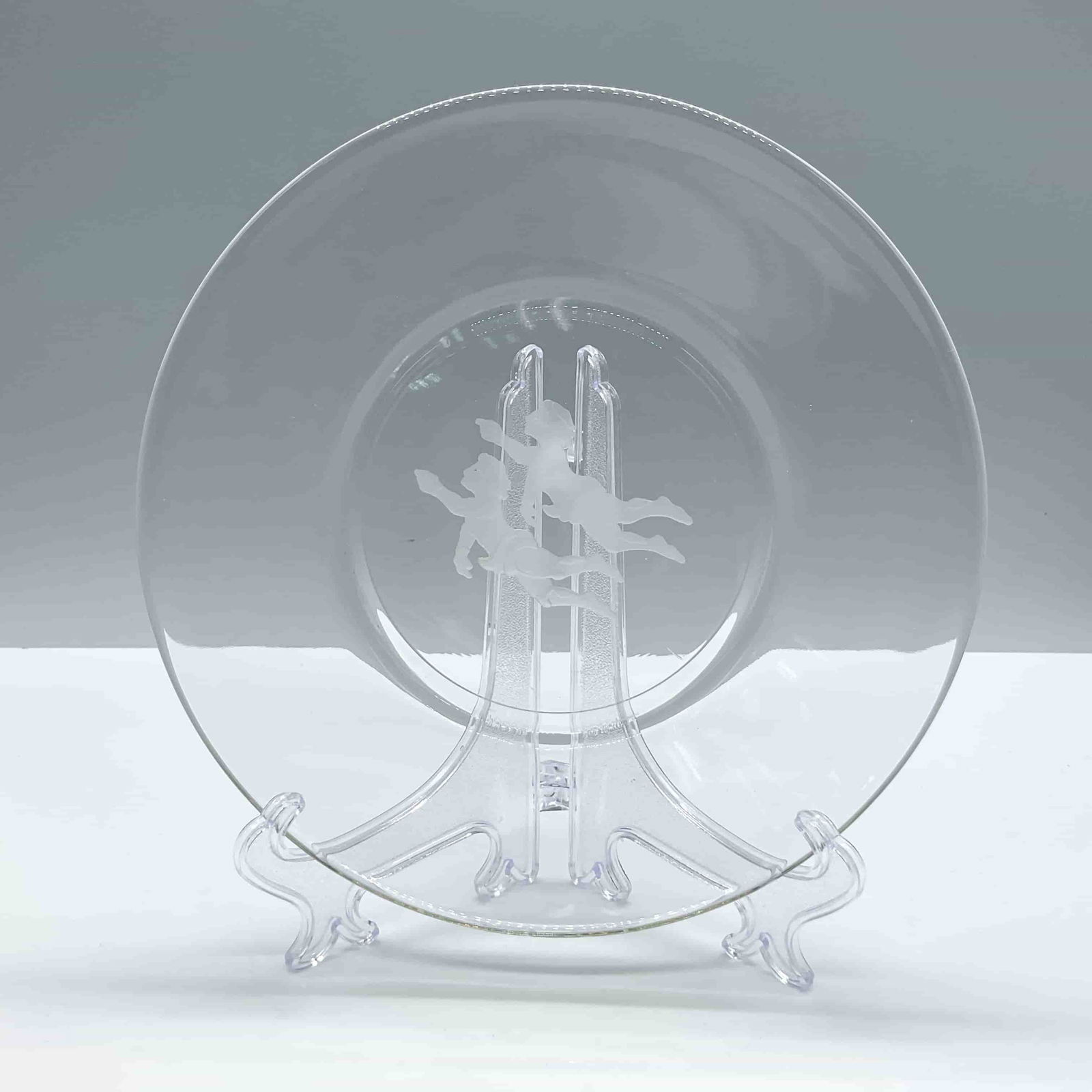 Vintage Crystal Dessert Plate, Children Playing: Beautiful clear crystal plate with two children playing in frosted design. Unmarked. Dimensions1''H x 8''dia Date or Era20th century