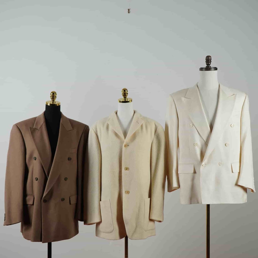 3pc Men's Jackets, Antonio Baldan, Joop!, and B2 Collezioni L'Uomo: Set of three men's jackets including a brown wool and cashmere blend by B2 Collezioni L'Uomo, a cream textured wool button-front jacket by Joop!, and an off-white double-breasted blazer by Antonio Bal