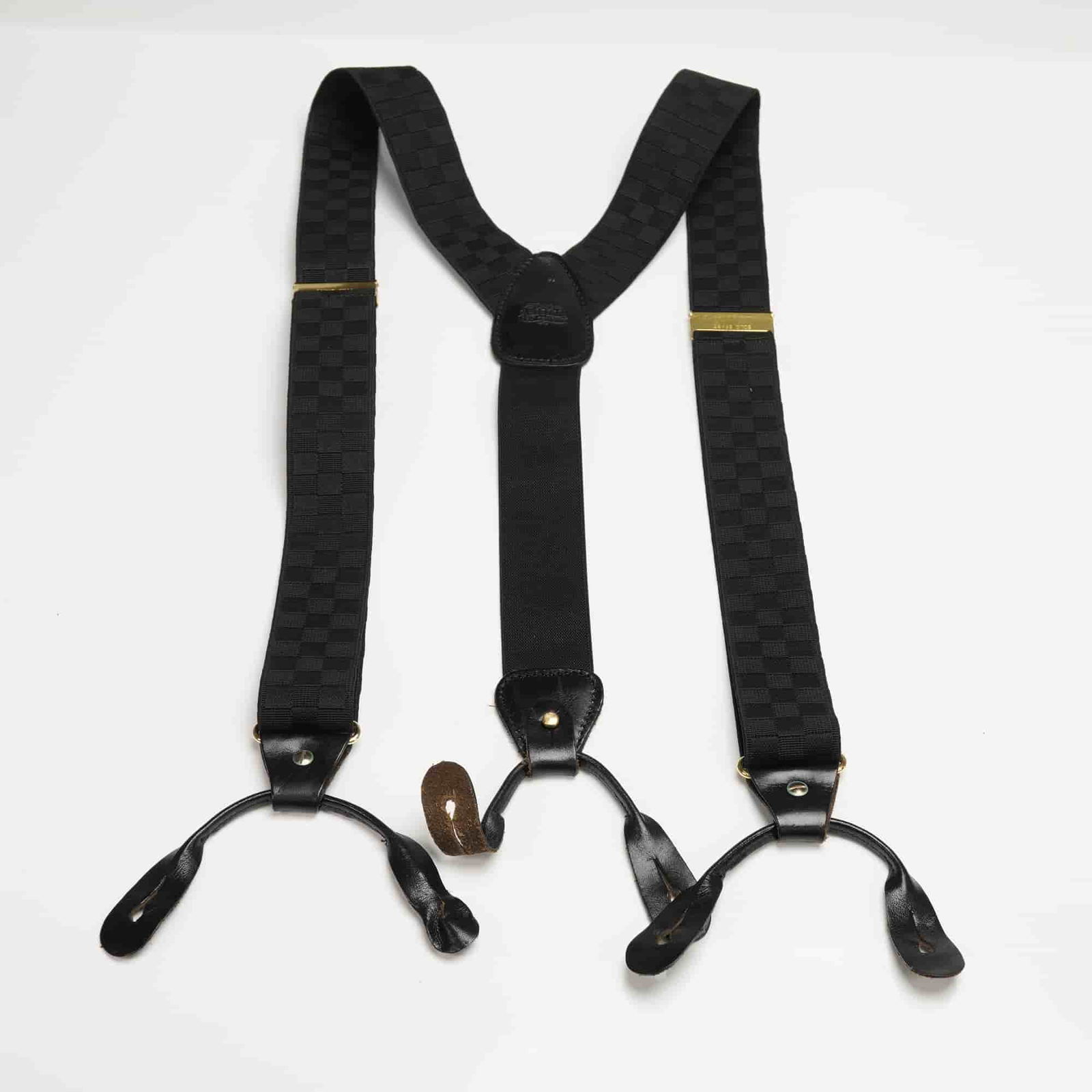 Regent Belt Co. English Brown Suspenders with Leather & Brass Accents: Regent suspenders made with brown check-pattern elastic strap design with genuine leather reinforcements and solid brass fittings. The high-quality materials and traditional button-end style combine