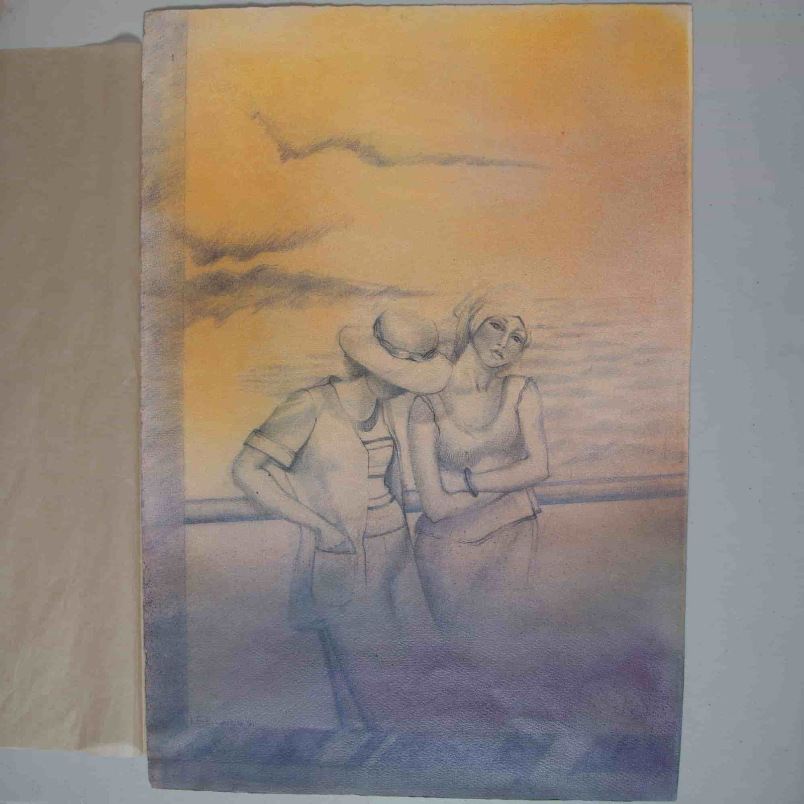 Covelli, Large Graphite and Pastel on Wove Paper, Signed: Large graphite and pastel on wove paper of two women standing on a deck by the sea colored with shades ranging from warm yellow to cool purple. Signature and date on lower left: L.F.E (?) Covelli 84.
