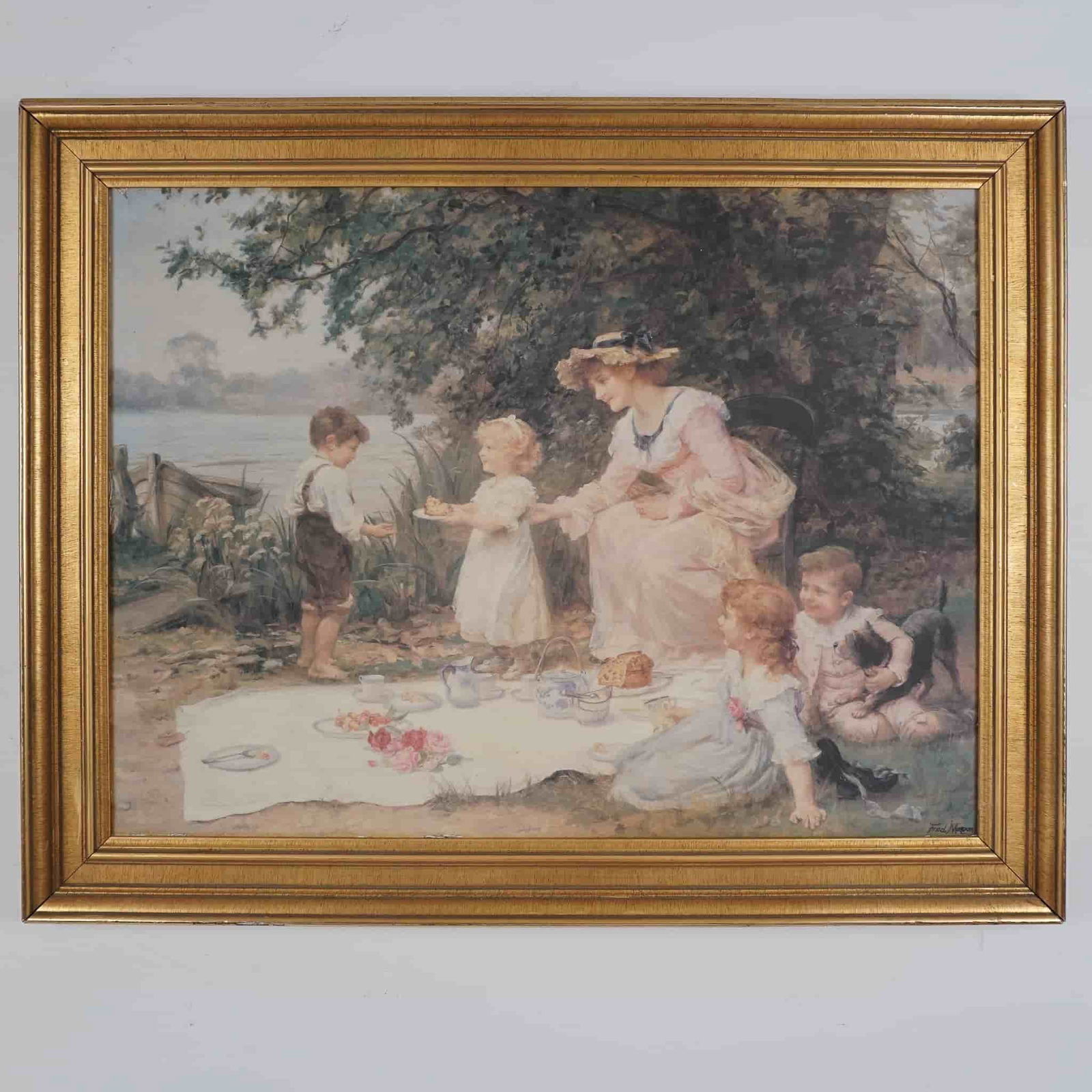 Fred Morgan Giclee on Canvas, Tea Party Scene: Fred Morgan giclee on canvas depicting a serene tea party scene by the water. This artwork captures the artist's signature charm in portraying children and idyllic family moments. Signed "Fred