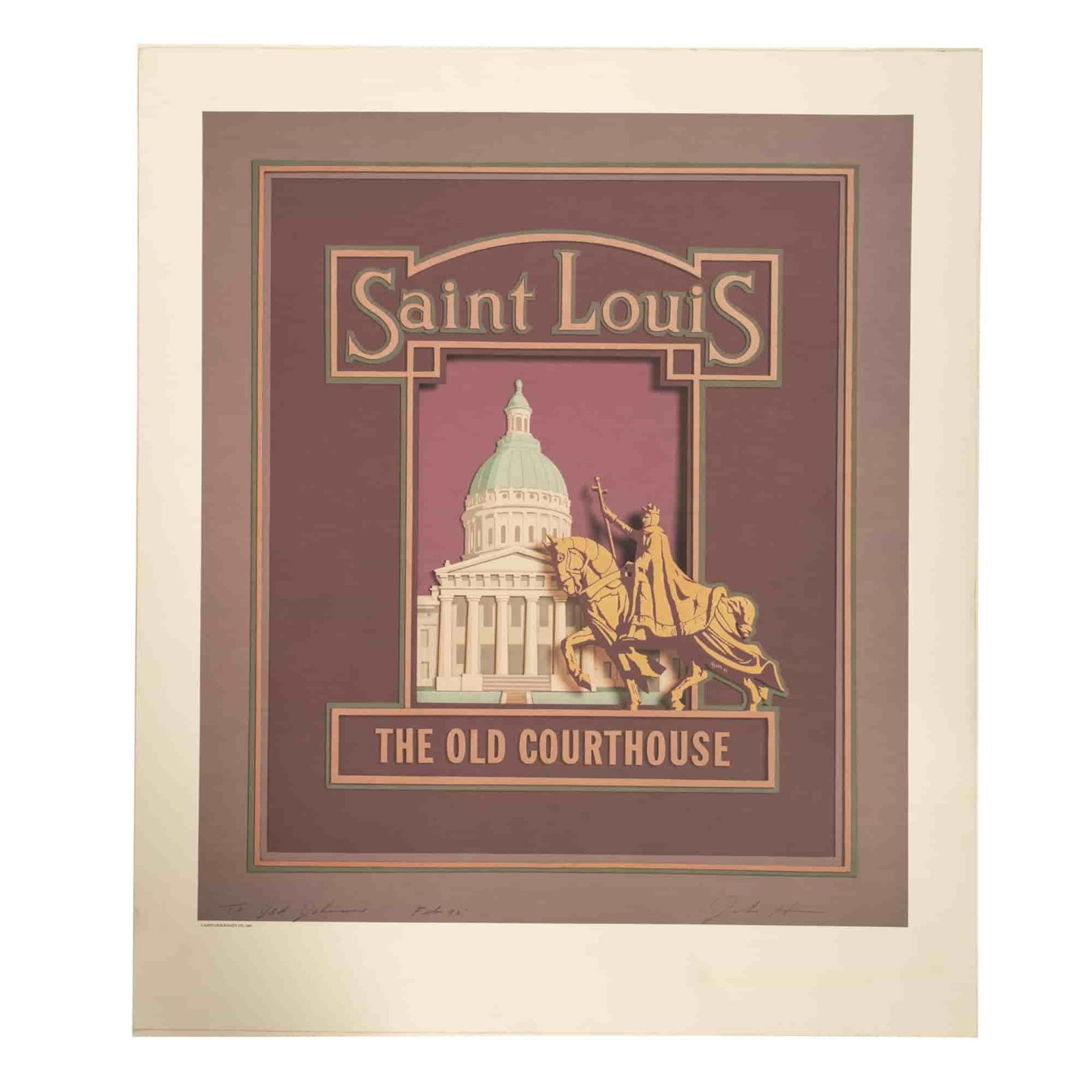 John Hunn, Large Original Color Lithograph on Paper, Signed: Large original color lithograph on paper entitled Saint Louis, The Old Courthouse by American Contemporary artist John Hunn. He used a pink, green, and peach palette to depict the Neo-Classical