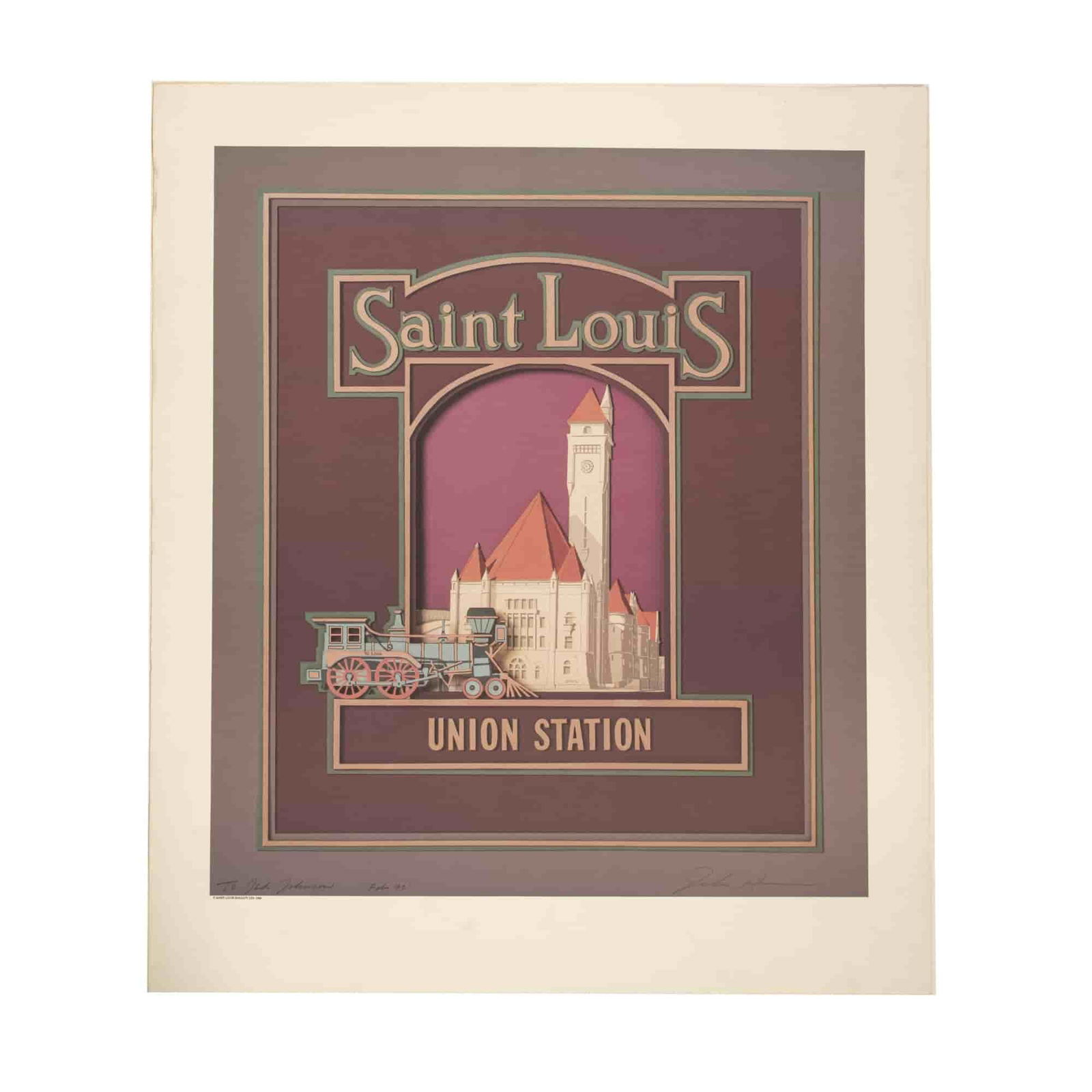 John Hunn, Large Original Color Lithograph on Paper, Signed: Large original color lithograph on paper entitled Saint Louis, Union Station by American Contemporary artist John Hunn. He employed shades of mauves and pinks with muted green accents to depict Saint