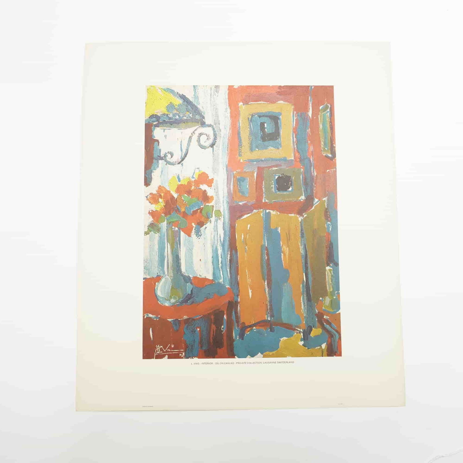 L. Vias Lithograph, Interior, Numbered Edition: This limited-edition lithographic print features the artwork Interior by L. Vias, originally an oil on canvas painting housed in a private collection in Lausanne, Switzerland. The composition presents