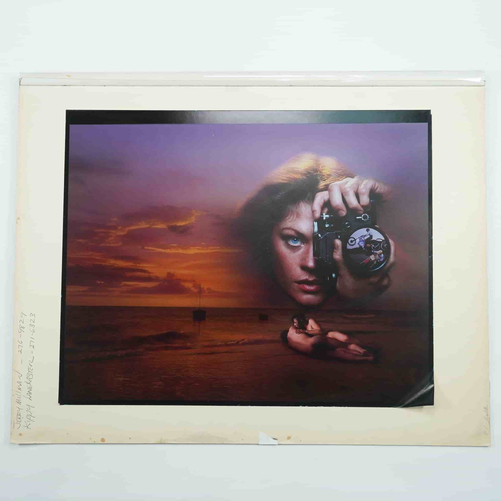 Surrealist Photomontage Print, Vintage Darkroom Composition: A striking surrealist photomontage print featuring a unique composition blending a human portrait with a tranquil sunset reflection. The image is a darkroom composite, created through multiple exposur