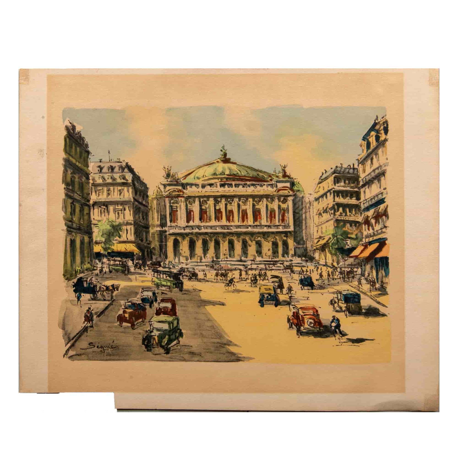 Siguie (French, 20th century) Watercolor Painting, Signed: Exquisitely detailed watercolor on paper painting depicting a 1920s street scene in front of the Paris Opera House. Signed Siguie in lower left corner. Unframed. ArtistSiguie Dimensions15"W x 11.25"H