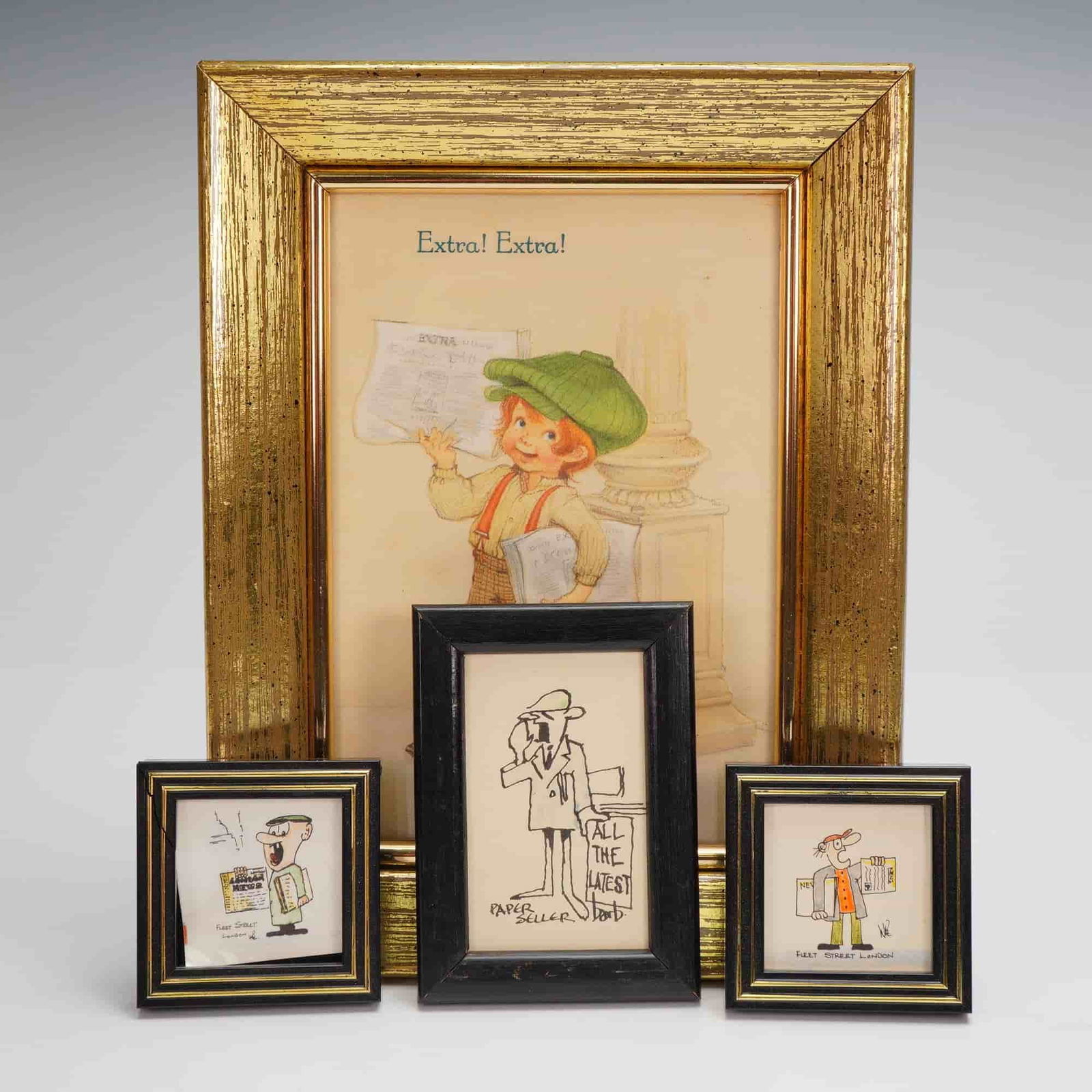 4pc Framed Newspaper Seller Prints: Collection of four framed prints depicting newspaper sellers in various artistic styles. The group includes one larger vintage-style chromolithograph showing a young newsboy holding papers, captioned