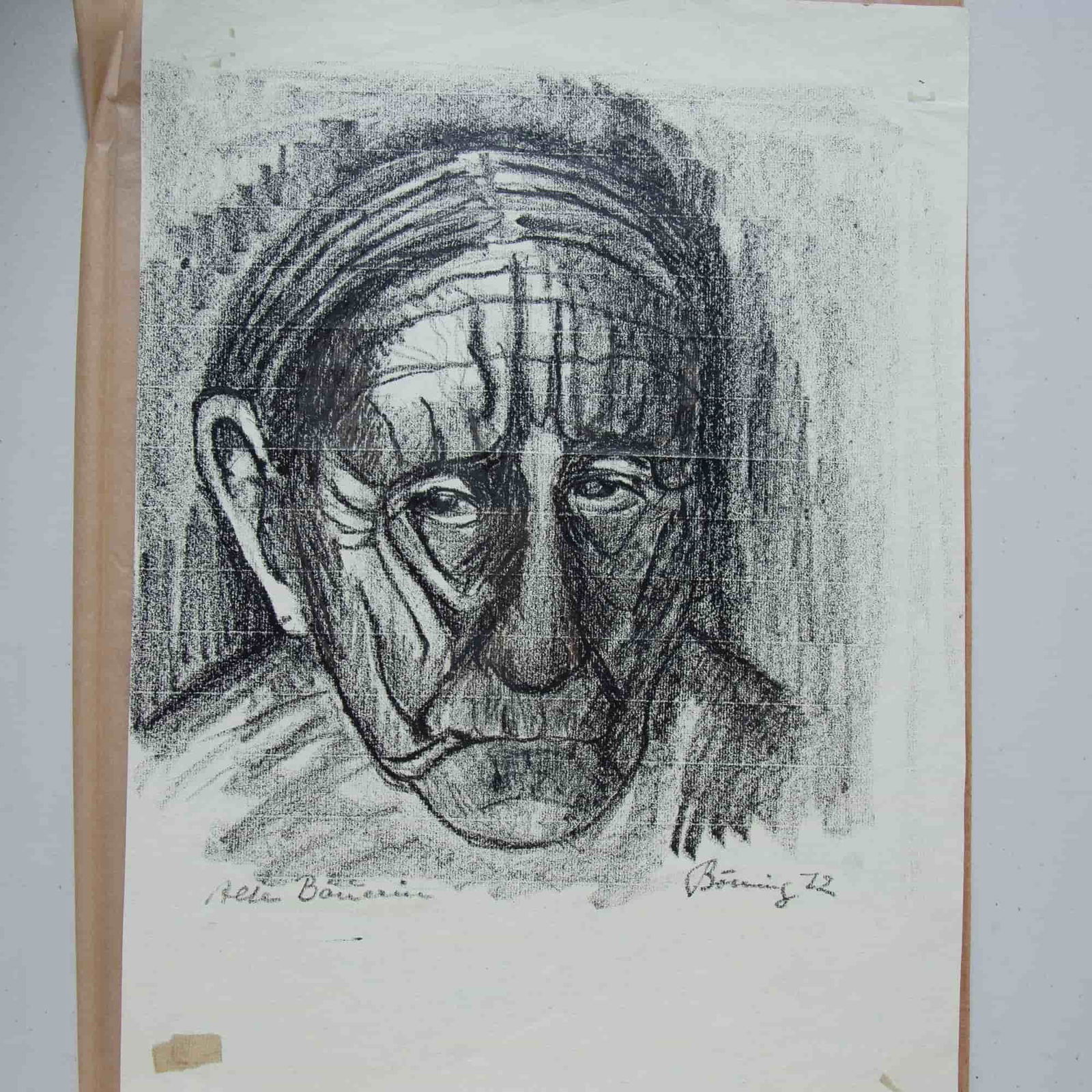 Large Original Pastel on Paper, Portrait of a Woman, Signed: Large original pastel drawing on paper made in a German Expressionist style. It portrays an old weathered woman made of lines that the artist has deeply carved in her face. Signature, title and date: