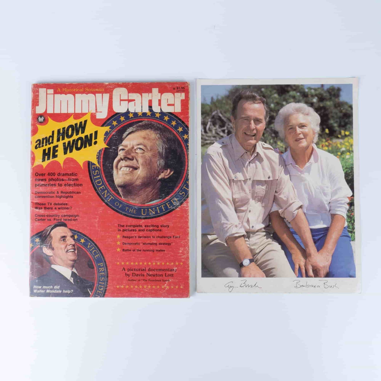 2pc Jimmy Carter Documentary Book George Bush Photo: Commemorate the upcoming political season with this set of historical presidential souvenirs. Included are the 11"L x 8"W paperback Jimmy Carter And How He Won, pictorial documentary recounting the