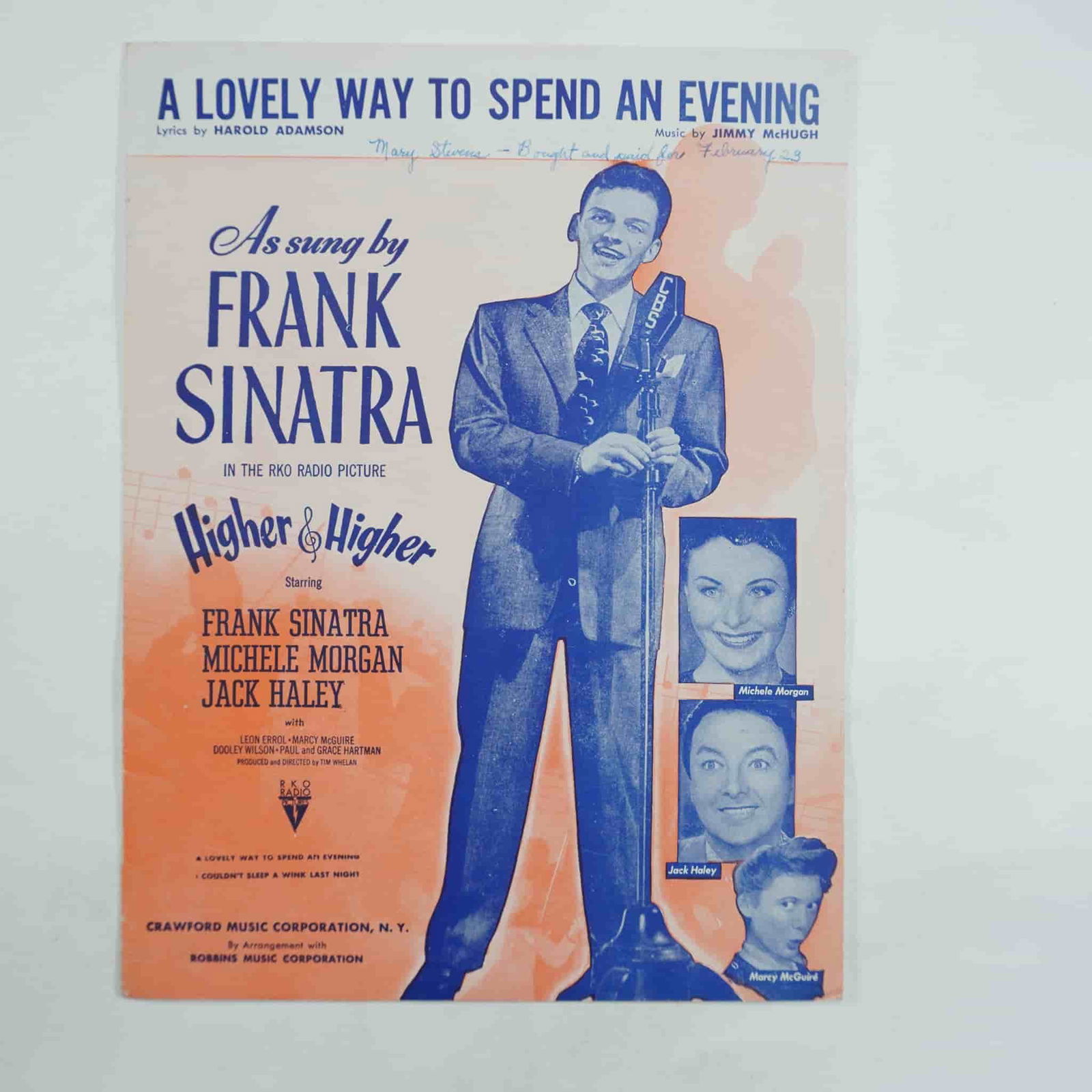 Frank Sinatra A Lovely Way to Spend an Evening Vintage Sheet Music (1943): Vintage 1943 sheet music for A Lovely Way to Spend an Evening, with lyrics by Harold Adamson and music by Jimmy McHugh, published by Crawford Music Corporation. Featured in the RKO Radio film Higher