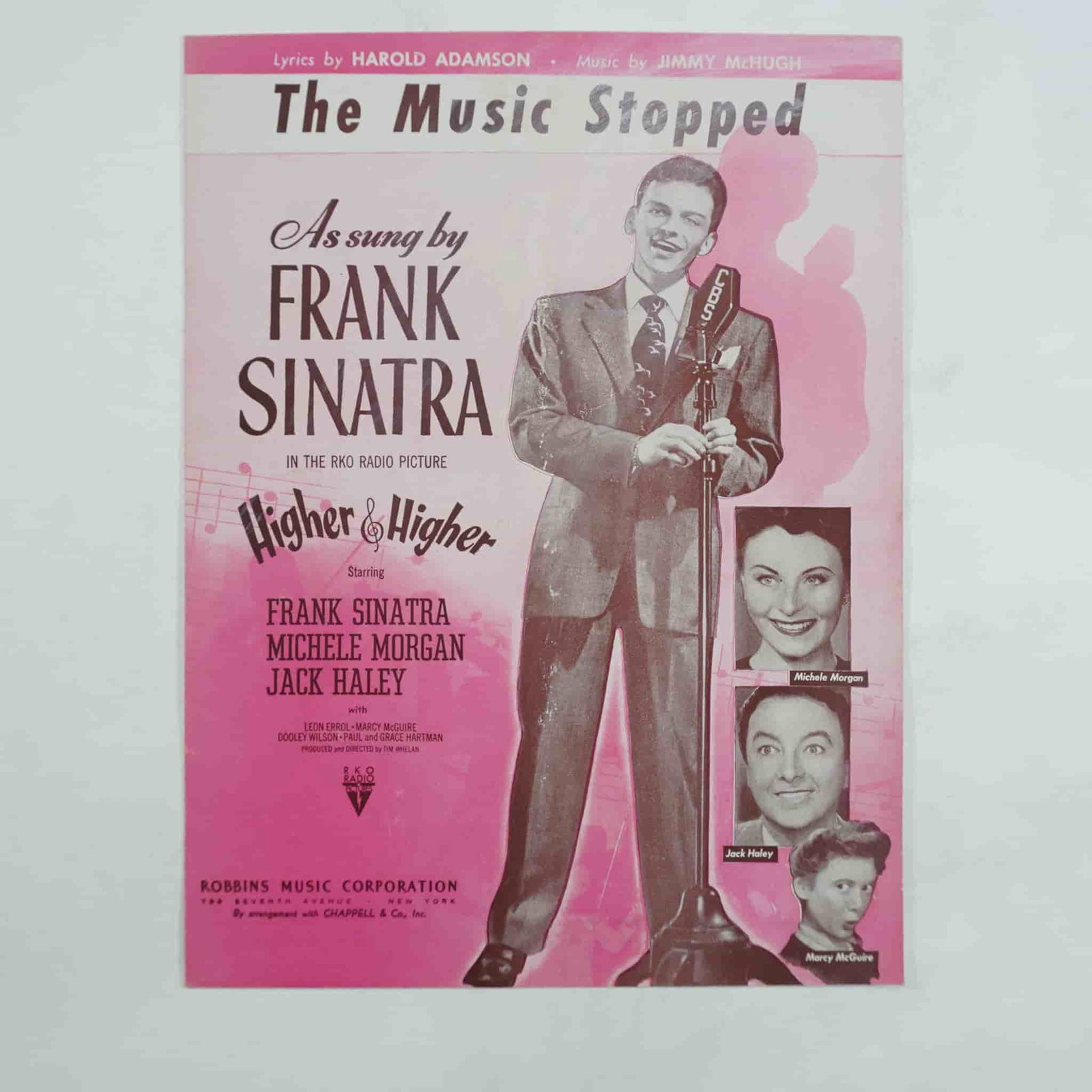 Frank Sinatra The Music Stopped Vintage Sheet Music (1943): Vintage 1943 sheet music for The Music Stopped, with lyrics by Harold Adamson and music by Jimmy McHugh, published by Robbins Music Corporation. Featured in the RKO Radio film Higher and Higher, the c