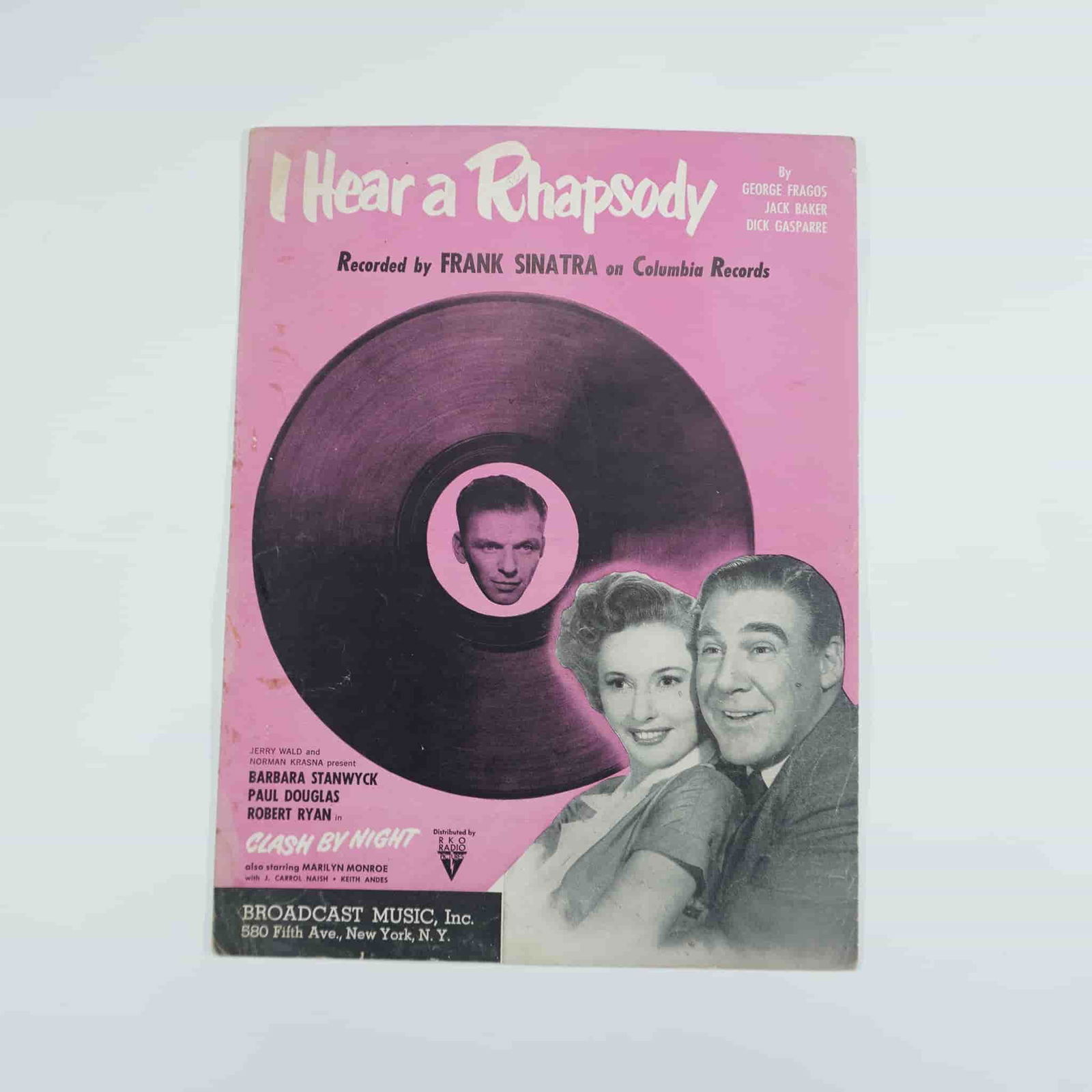 George Fragos Sheet Music, I Hear a Rhapsody: This lot features vintage sheet music for 'I Hear a Rhapsody', recorded by Frank Sinatra on Columbia Records. Written by George Fragos, Jack Baker, and Dick Gasparre, the sheet music was published by