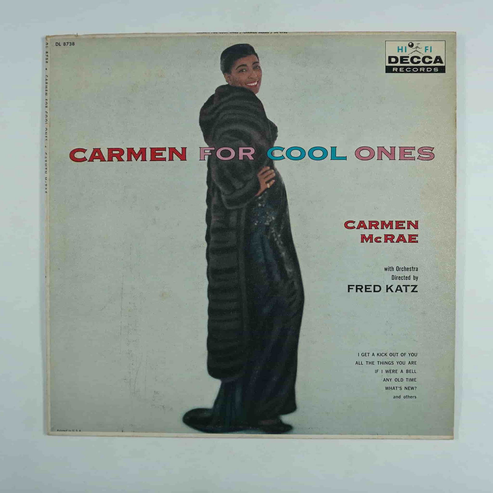 Carmen McRae Carmen for Cool Ones Vinyl Record, Decca DL 8738: A vintage vinyl record album titled Carmen for Cool Ones by Carmen McRae, with orchestra directed by Fred Katz. This 33 RPM album is released under the Decca Records label (DL 8738), featuring a mix o