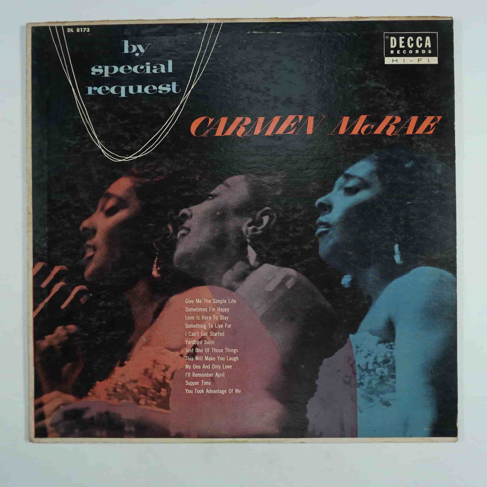 Carmen McRae Vinyl Record, By Special Request Decca DL 8173: This lot includes a vintage vinyl record by Carmen McRae, titled By Special Request (Decca DL 8173). The record is a classic jazz album featuring songs such as "Give Me the Simple Life," "Love is Here