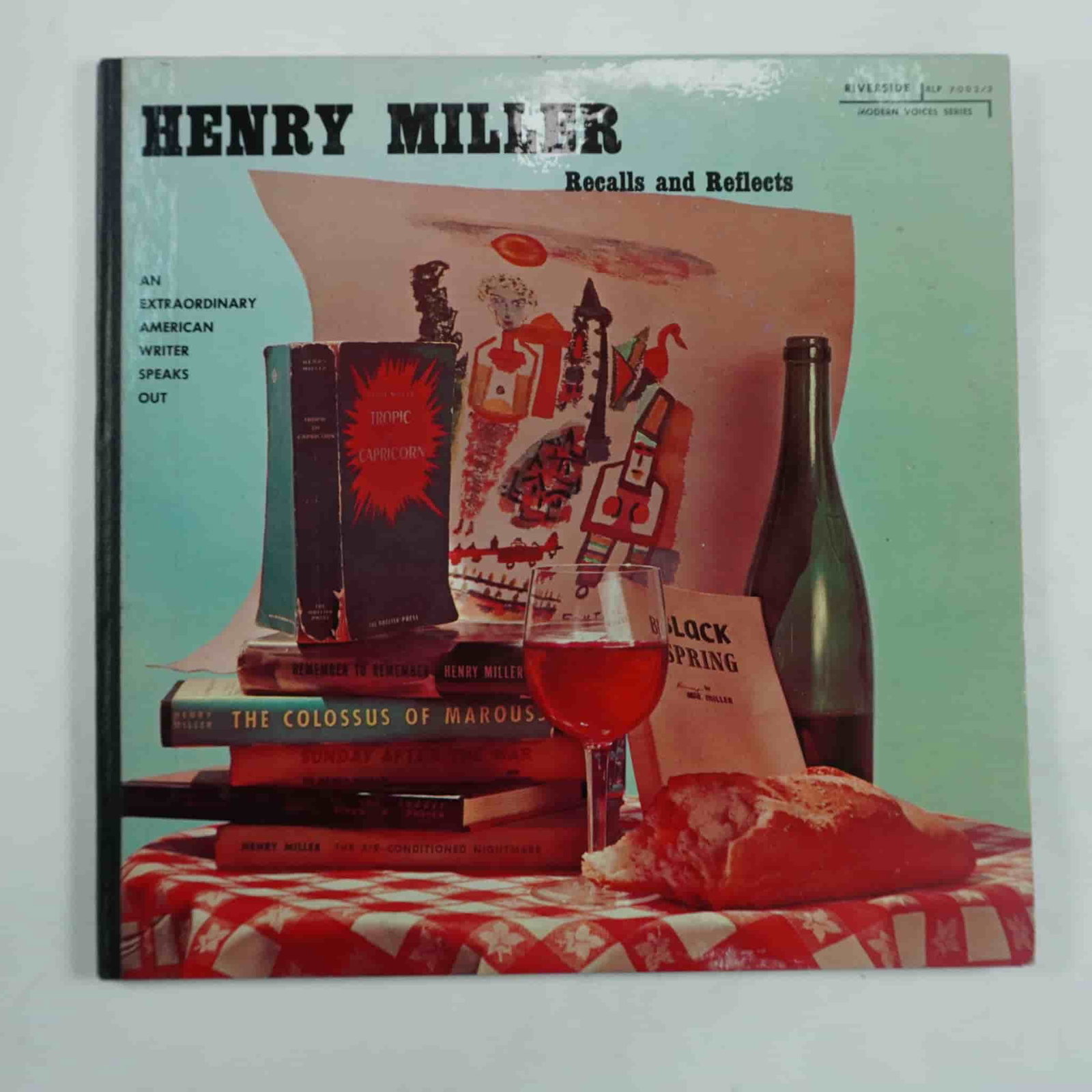 Henry Miller Recalls and Reflects Riverside LP RLP 7002: This original 1959 Riverside LP recording, Henry Miller Recalls and Reflects, features the legendary American writer Henry Miller in a spoken-word performance, sharing his thoughts on literature, sex,