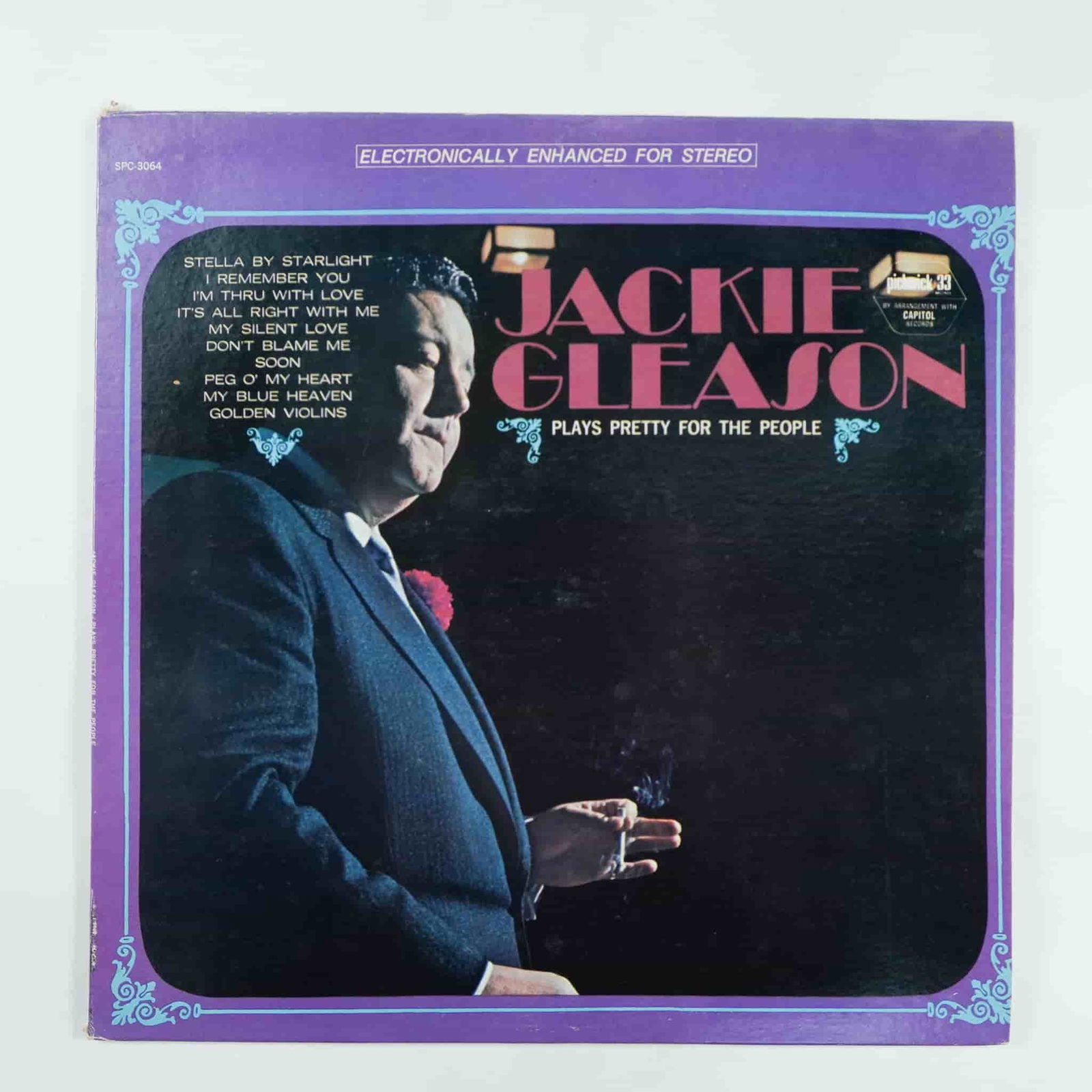 Jackie Gleason, Plays Pretty for the People Vinyl Record: Jackie Gleason Plays Pretty for the People vinyl record, released under Pickwick/33 by arrangement with Capitol Records. This album features a collection of smooth and orchestral arrangements, known f