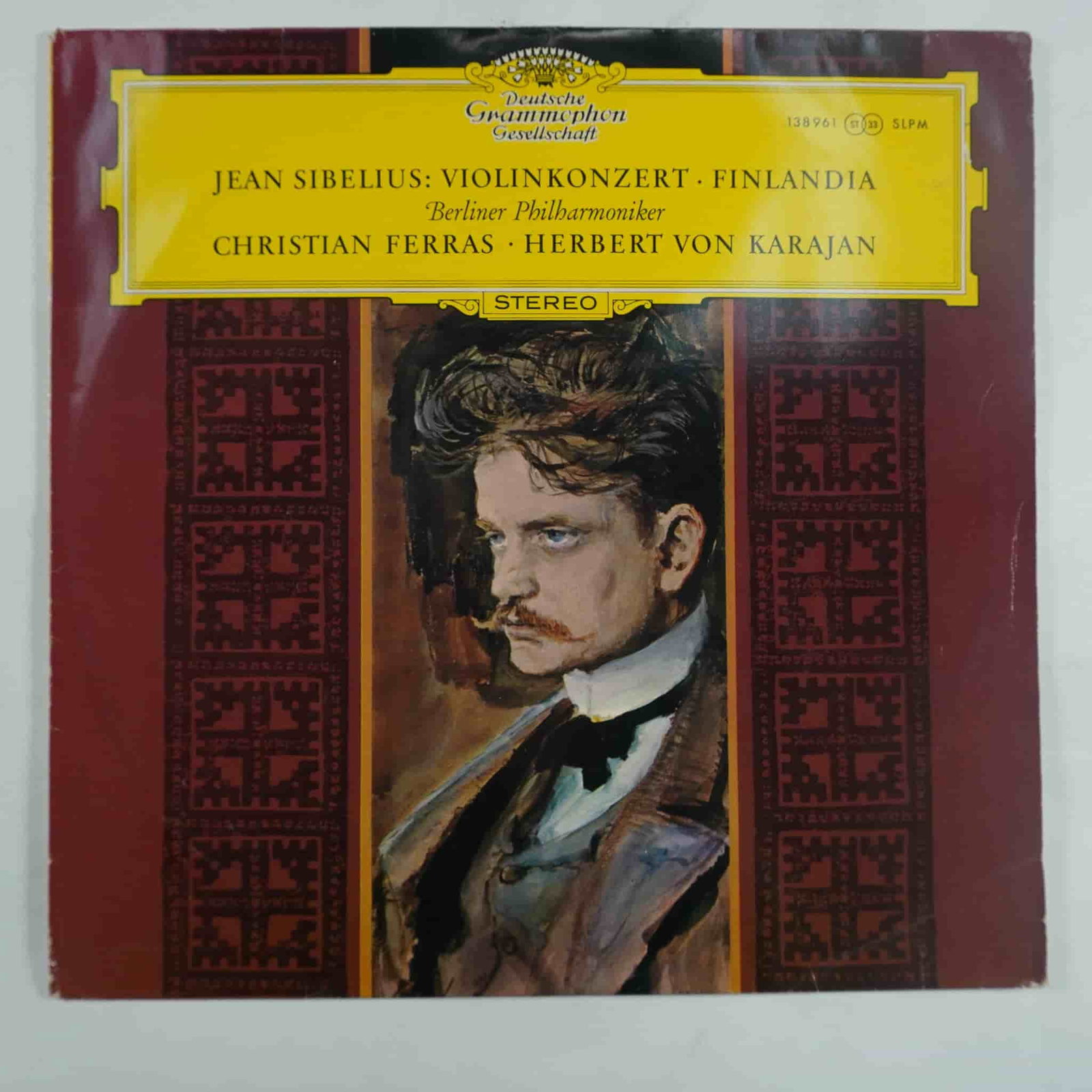 Jean Sibelius, Violin Concerto & Finlandia, Deutsche Grammophon LP: This vintage Deutsche Grammophon stereo LP features Jean Sibelius' Violin Concerto in D minor, Op. 47 and Finlandia, Op. 26, performed by Christian Ferras on violin, accompanied by the Berlin Philharm