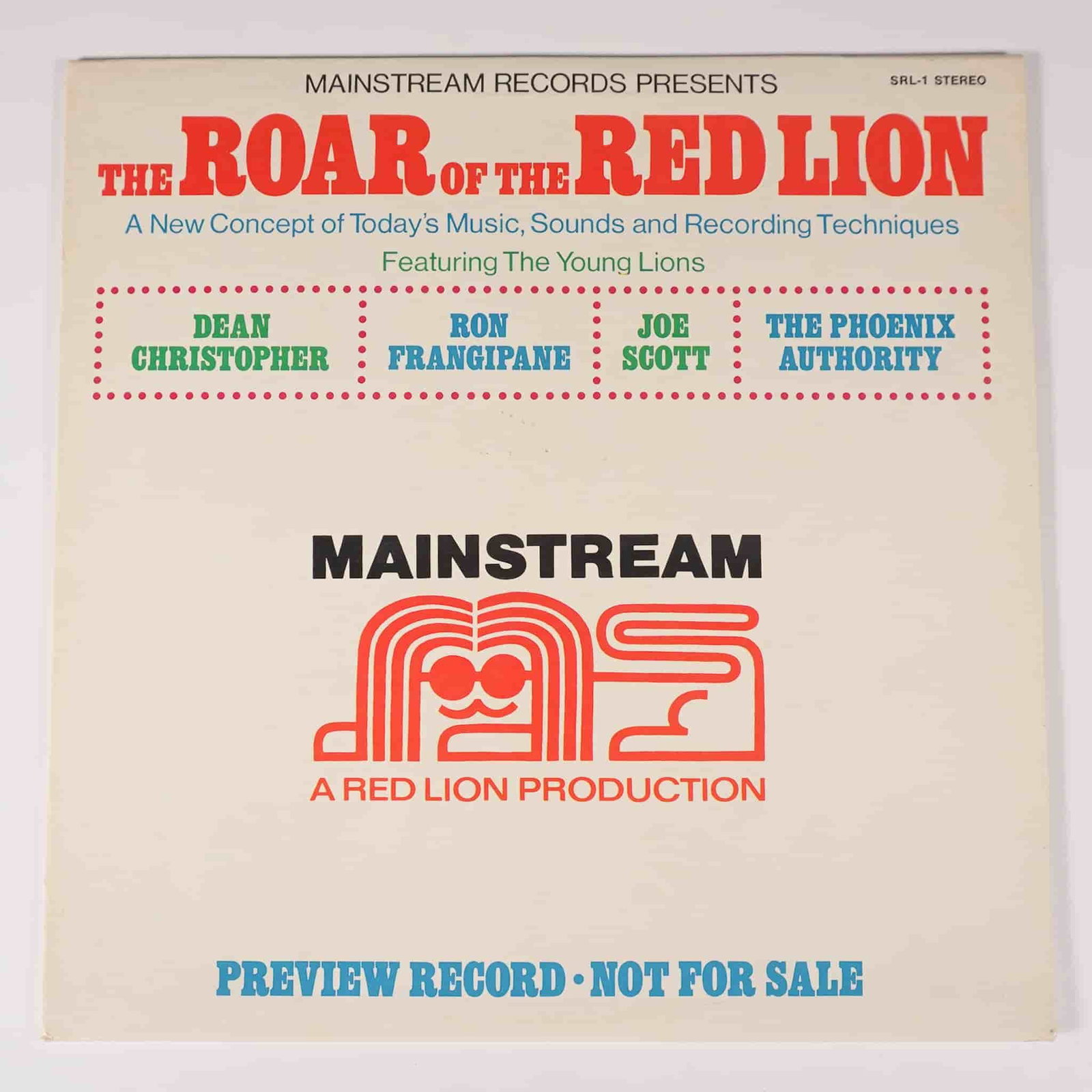 Mainstream Records The Roar of the Red Lion Preview LP Album: Rare promotional preview LP titled The Roar of the Red Lion, released by Mainstream Records. This compilation features various artists, including Dean Christopher, Ron Frangipane, Joe Scott, and The P