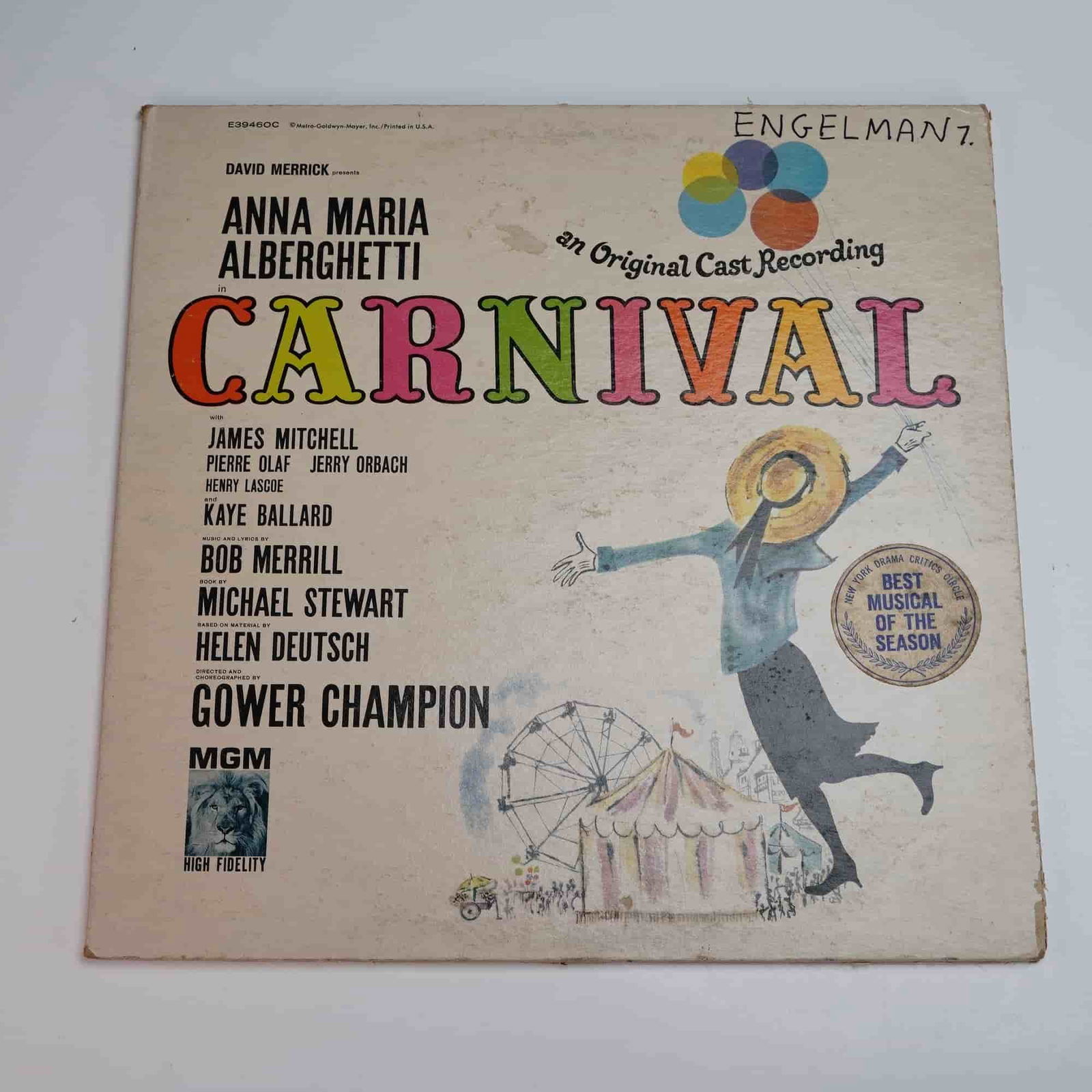 MGM Records Carnival Original Broadway Cast Recording Vinyl Record: A 12-inch long-playing vinyl record issued by MGM Records, featuring the original Broadway cast recording of Carnival!! the celebrated musical adaptation of Helen Deutsch's screenplay for Lili. This h