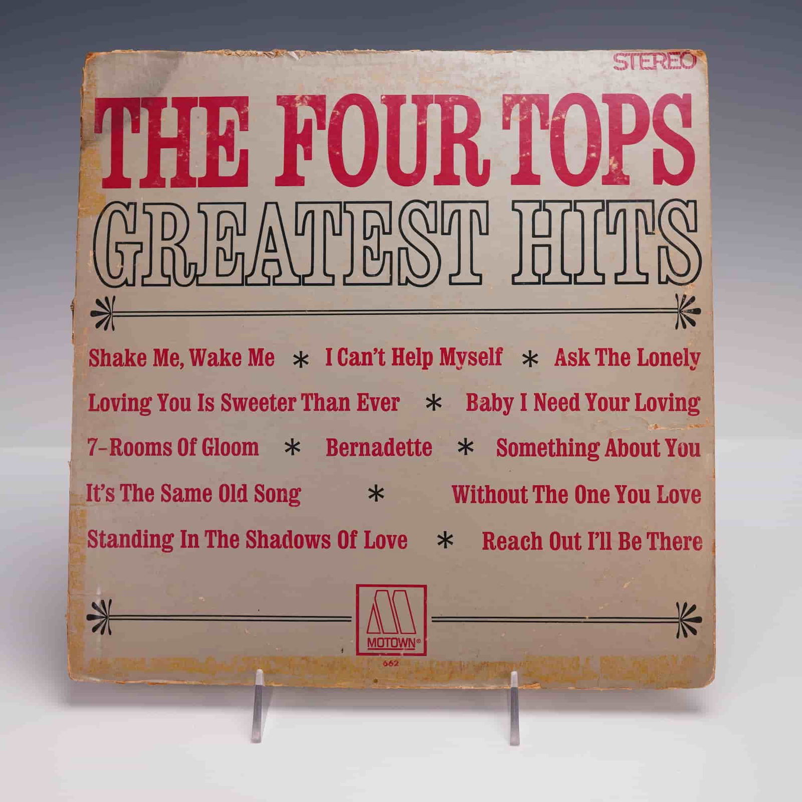 Motown Records Corporation The Four Tops Vinyl Record, Greatest Hits: Vintage stereo LP pressing of Greatest Hits by The Four Tops, issued by Motown Records. The cover design lists an array of the group's most iconic songs, including "Baby I Need Your Loving," "I Can't