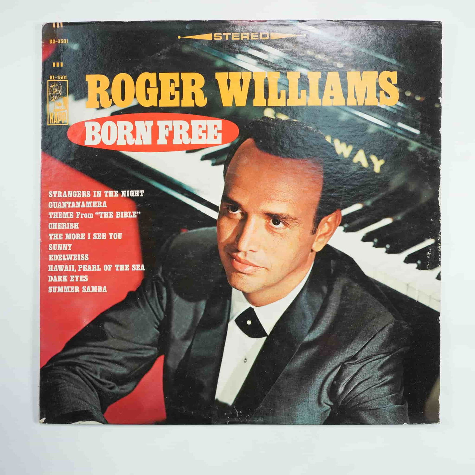 Roger Williams Born Free Vinyl Record KS 3501: A vintage vinyl record featuring pianist Roger Williams' album Born Free, released on the Kapp Records label (KS 3501). This stereo LP includes classic tracks such as Born Free, Strangers in the Night
