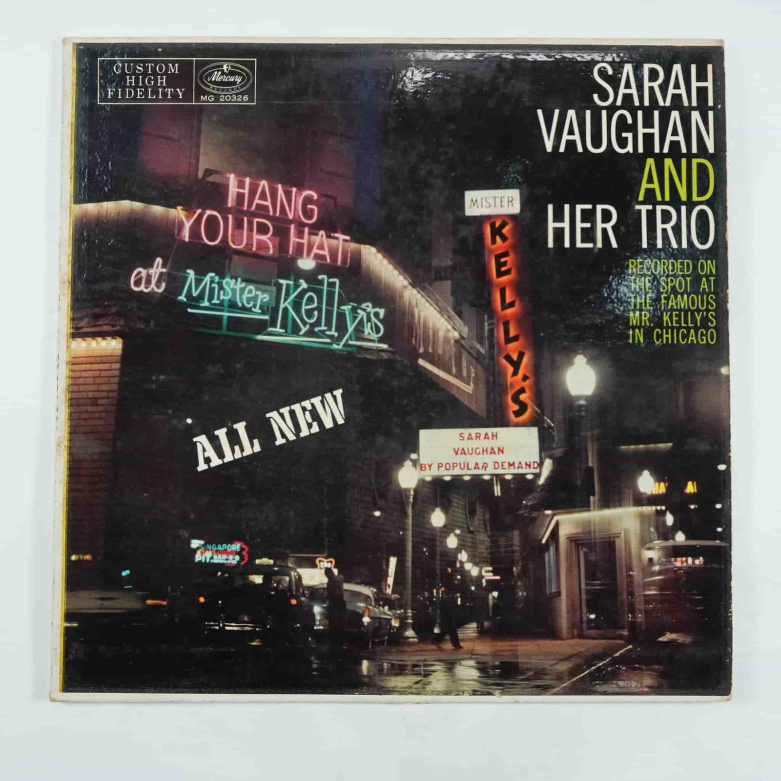Sarah Vaughan – At Mister Kelly's Vinyl LP, Mercury MG-20326: This original 1957 pressing of Sarah Vaughan at Mister Kelly's (Mercury MG-20326) features the legendary jazz vocalist recorded live at the famed Mister Kelly's nightclub in Chicago. Accompanied by he