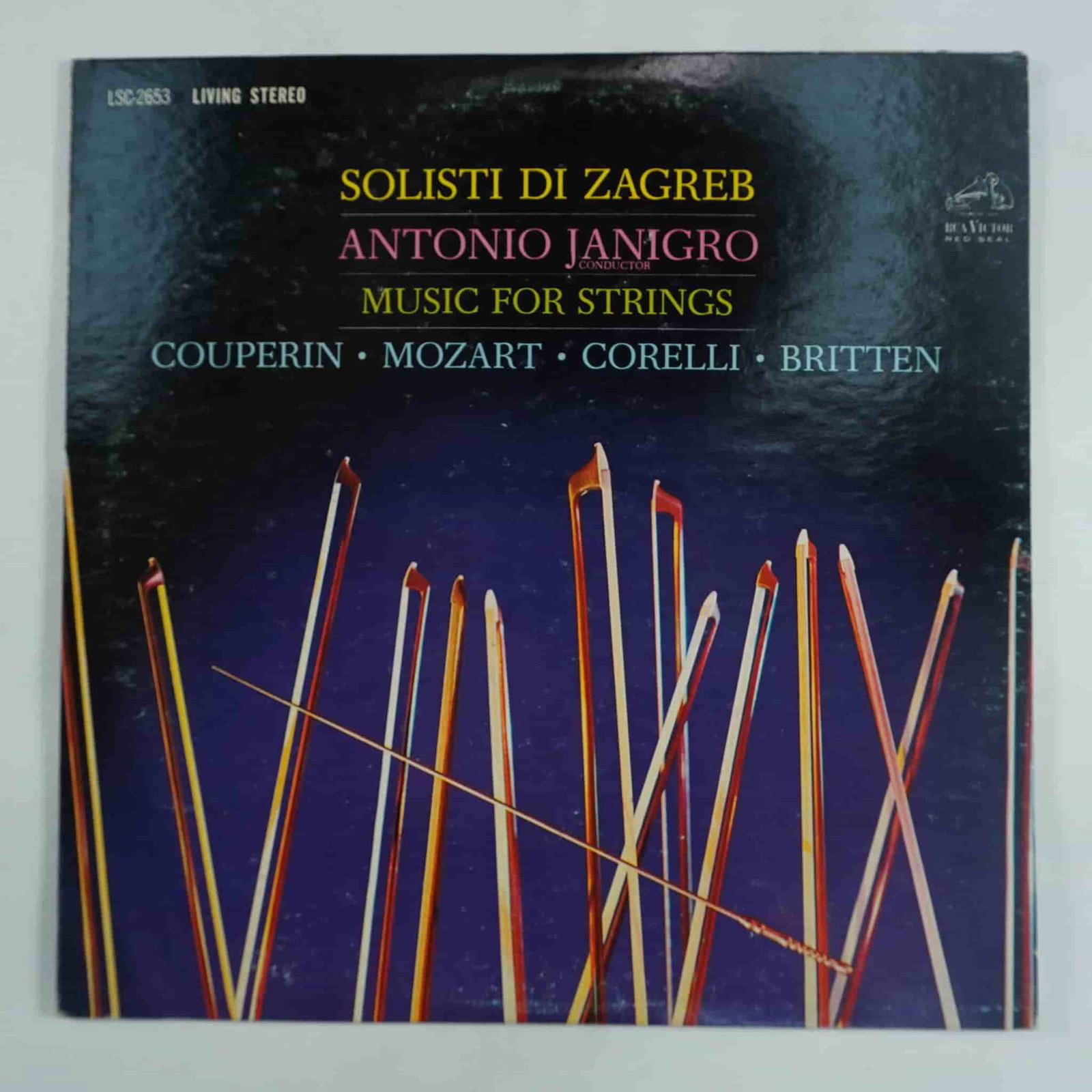 Solisti di Zagreb, Antonio Janigro – Music for Strings, RCA Vinyl LP: This RCA Victor Living Stereo LP (LSC-2653) features Solisti di Zagreb under Antonio Janigro performing Music for Strings, including works by Couperin, Mozart, Corelli, and Britten. Recorded in Vienna