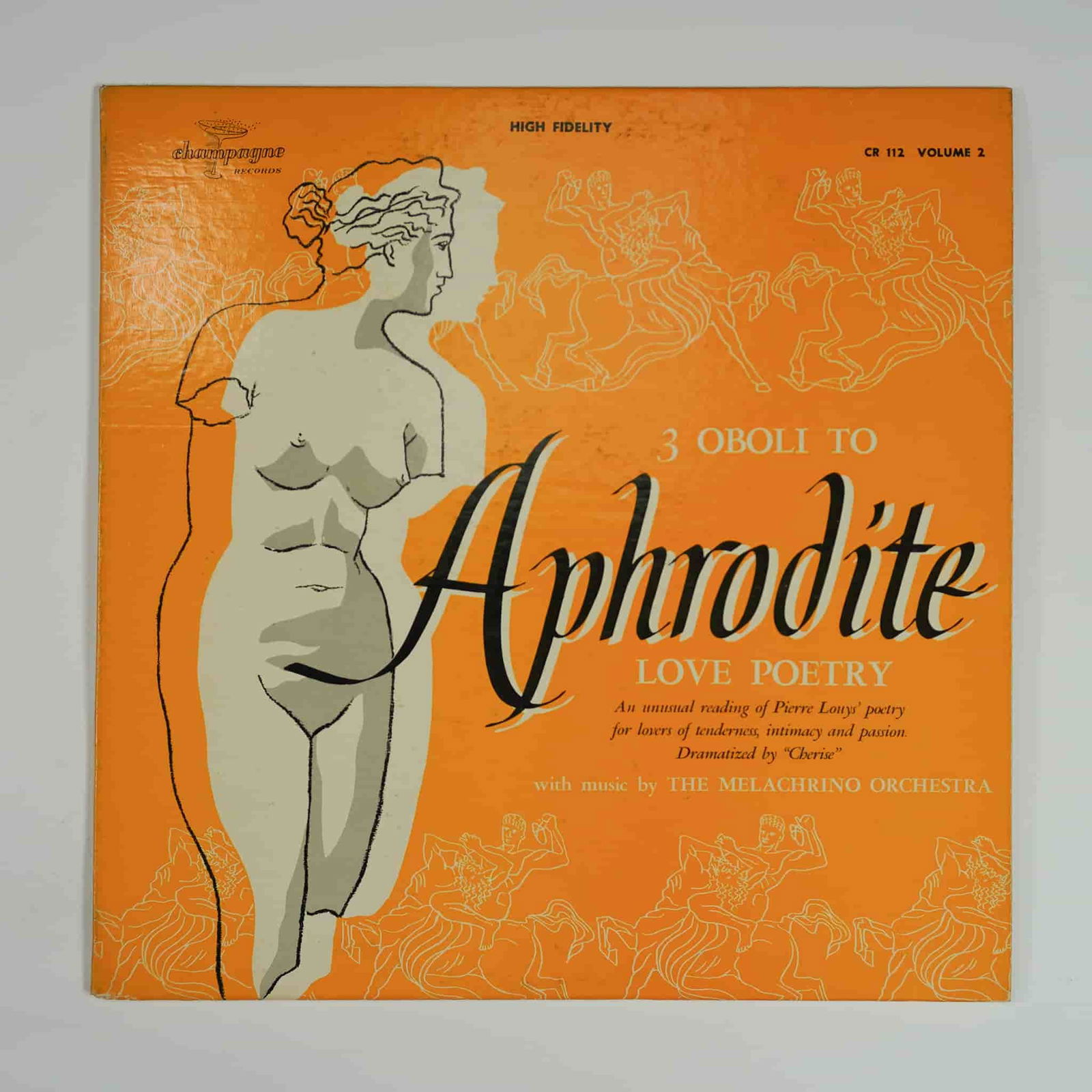 3 Oboli to Aphrodite Vinyl LP, Love Poetry and Orchestral Music: Released in 1956 by Champagne Records, 3 Oboli to Aphrodite is a unique spoken-word and orchestral music vinyl LP featuring a dramatic reading of Pierre Louys' love poetry, known for its themes of ten