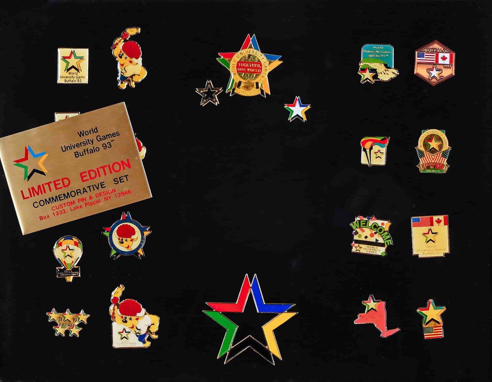 World University Games Buffalo 93 Limited Edition Commemorative Pin Set: Offered here is a collection of enamel pins from the World University Games, held in Buffalo, New York in 1993. This limited edition commemorative set, designed by Custom Pin & Design of Lake Placid,