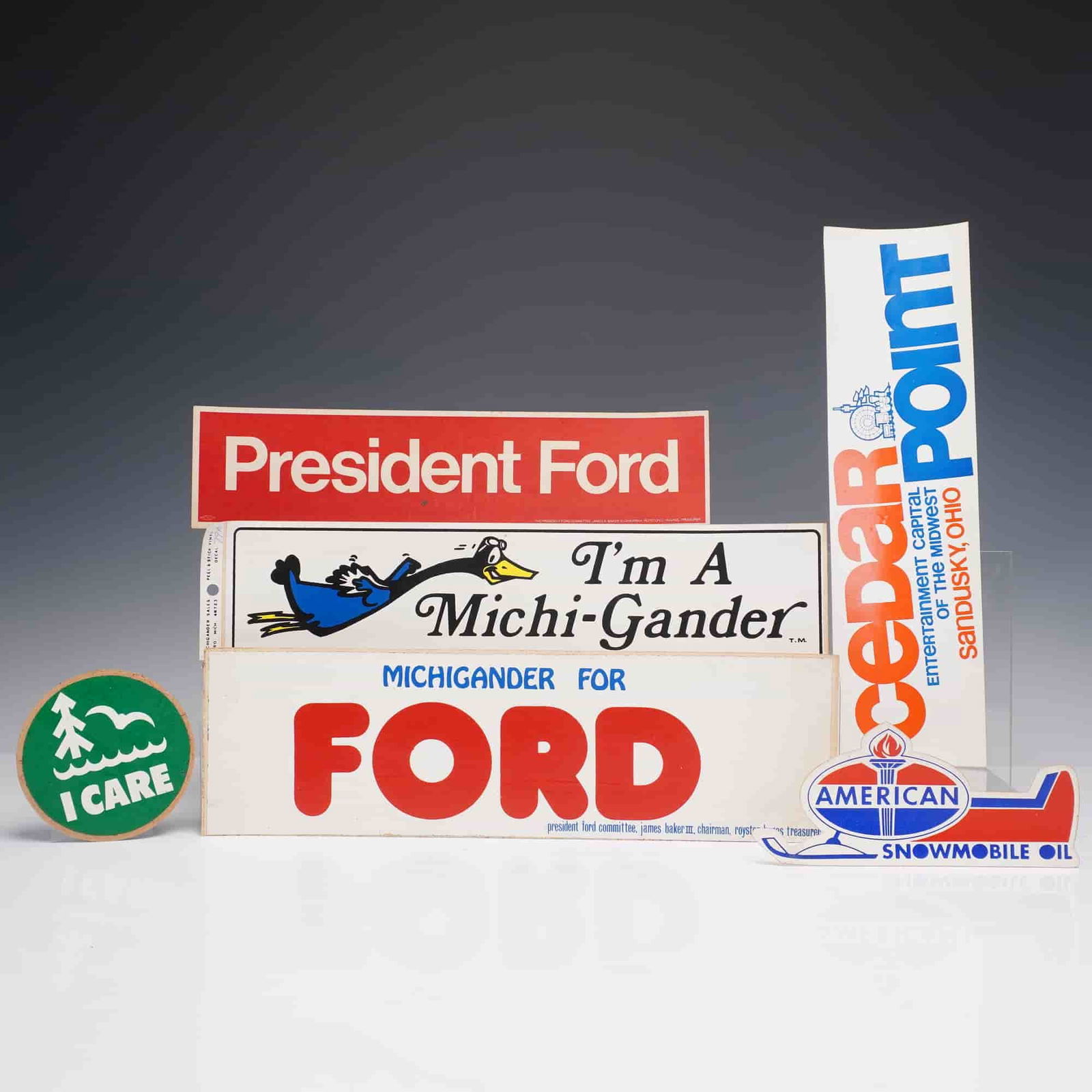 6pc Vintage Decal Lot, Ford, Michigan Pride, Cedar Point: Collection of six vintage vinyl stickers and decals including two political campaign examples supporting President Gerald Ford with slogans such as "President Ford" and "Michigander for Ford"; a
