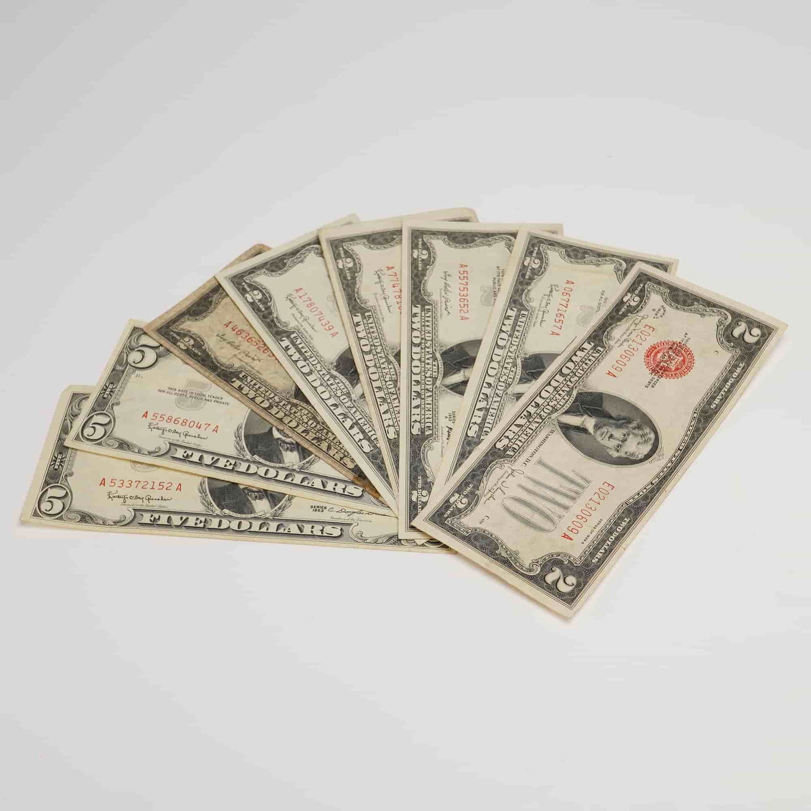 US $2 and $5 Red Seal United States Notes, Collection of 8pc, 1928-1963 (1 of 5)