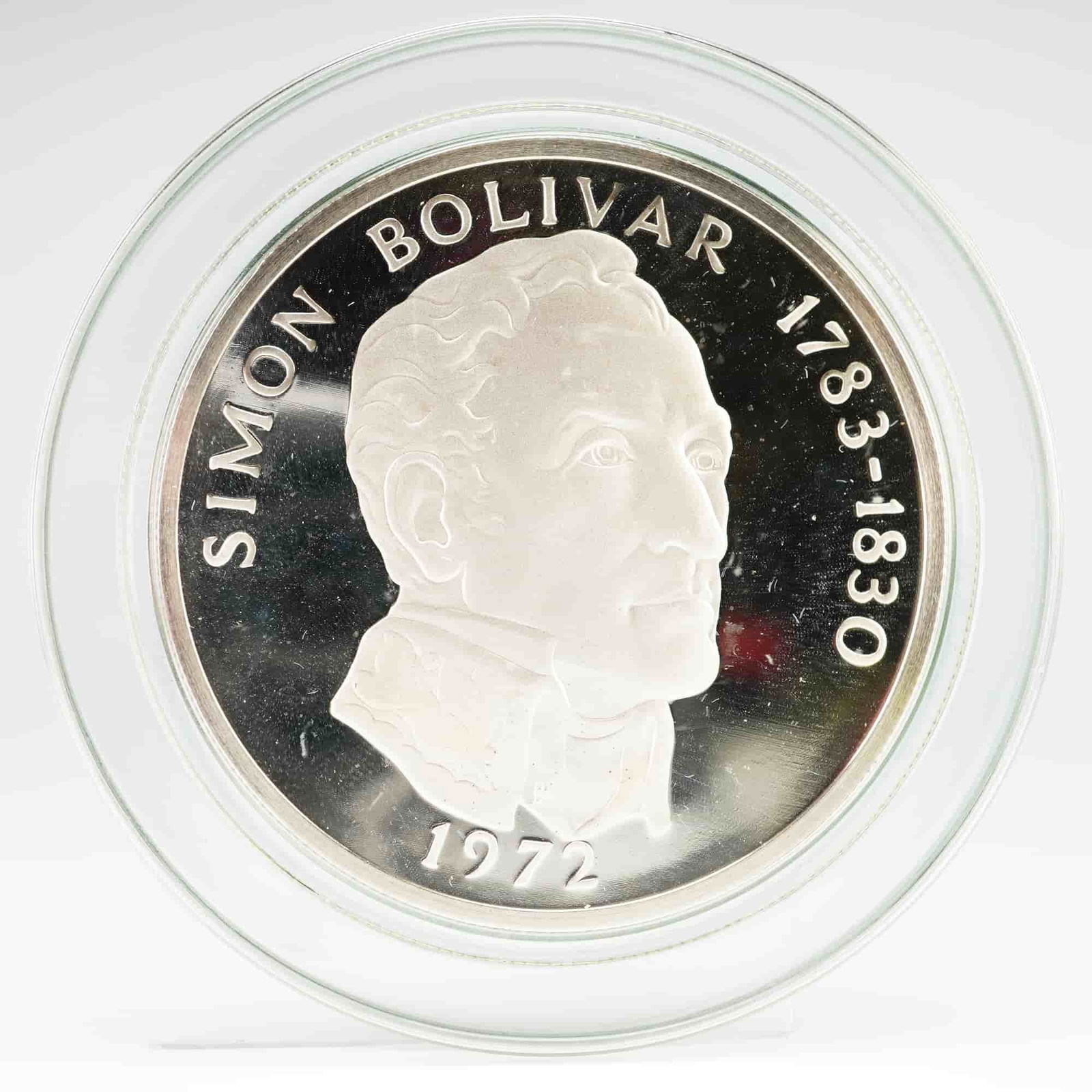 PA 1972 20 Balboas, Sterling Silver, KM# 31, Proof: KM# 31. Franklin Mint 'f' mint mark on reverse. Simon Bolivar obverse. Key identifiers include the LEY 0.925 fineness inscription on the reverse and the accompanying original white presentation box.